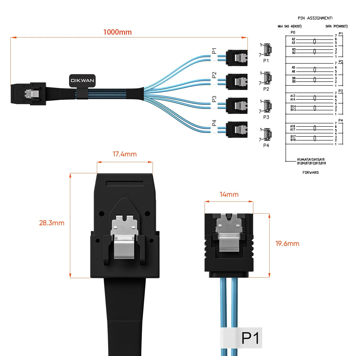 Mini SAS to 4 SATA Cable, 36 Pin SFF 8087 Host/Controller to 7 Pin SATA Target/Backplane, Compatible with PERC H310, RAID Controller 3Feet(2 Pack) 3.3ft(2pack) - Image 3