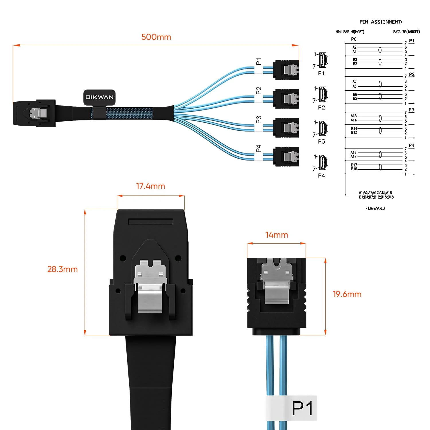 Mini SAS to 4 SATA Cable, 36 Pin SFF 8087 Host/Controller to 7 Pin SATA Target/Backplane, Compatible with PERC H310, RAID Controller (SFF-8087 to 4SATA Forward Breakout) 1.6 Feet 1.6ft - Image 3