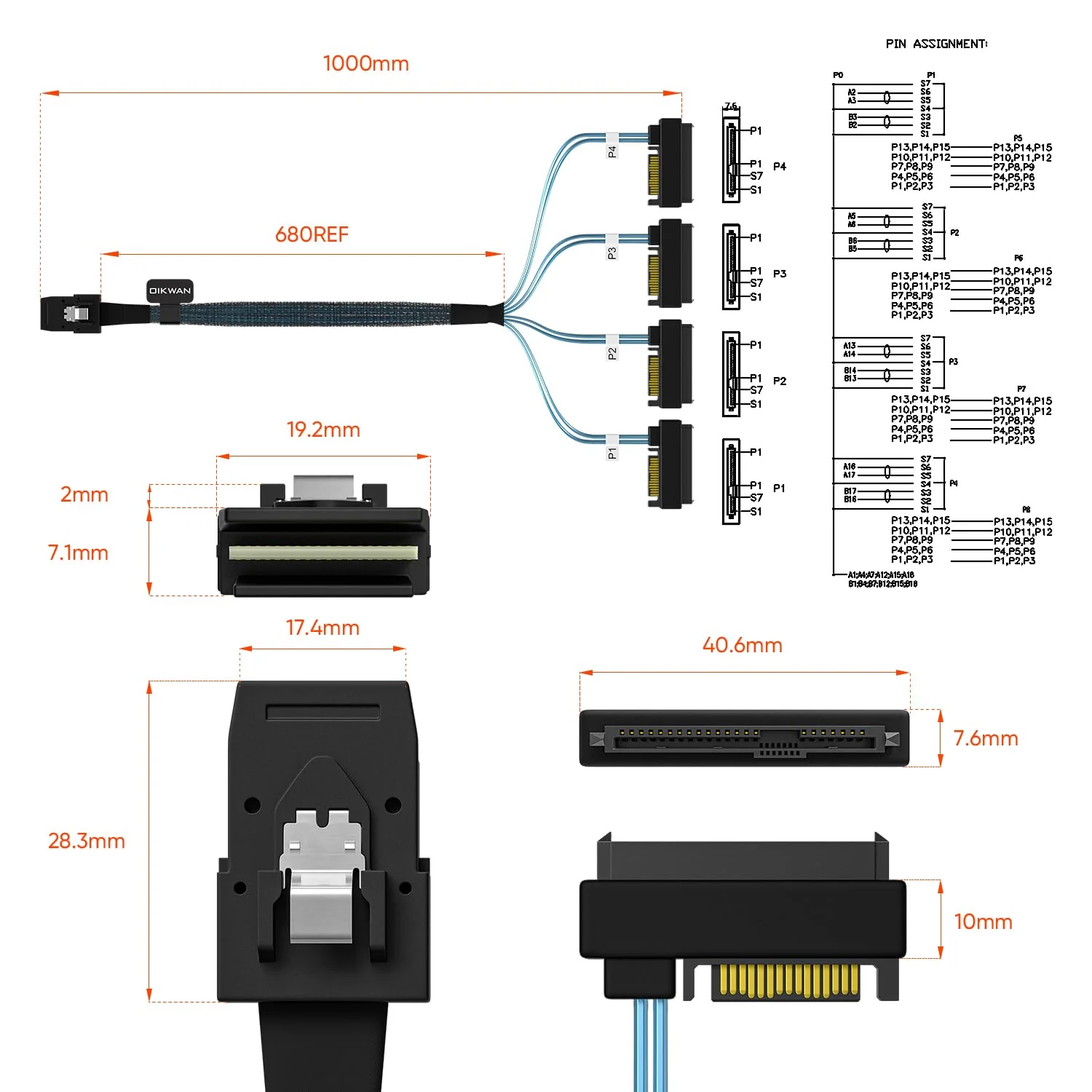 Mini-SAS to SAS-Cable: 1M SFF-8087 to SAS SFF-8482 Connector 4X SAS 29Pin with SATA-Power Adapter Cable (3.3FT) - Image 2