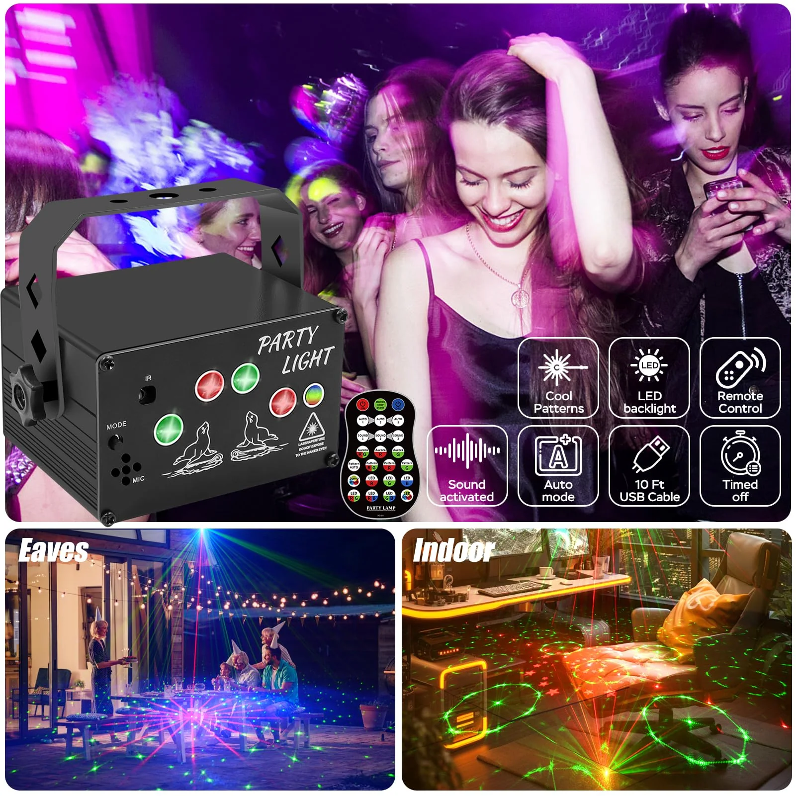 Mini USB-Powered Party Light 60-Patterns Stage Light with UV & RGB Backlight Remote Control for Indoor Events, Birthdays, Halloween, Karaoke, Club, and KTV, Matte Black - Image 2