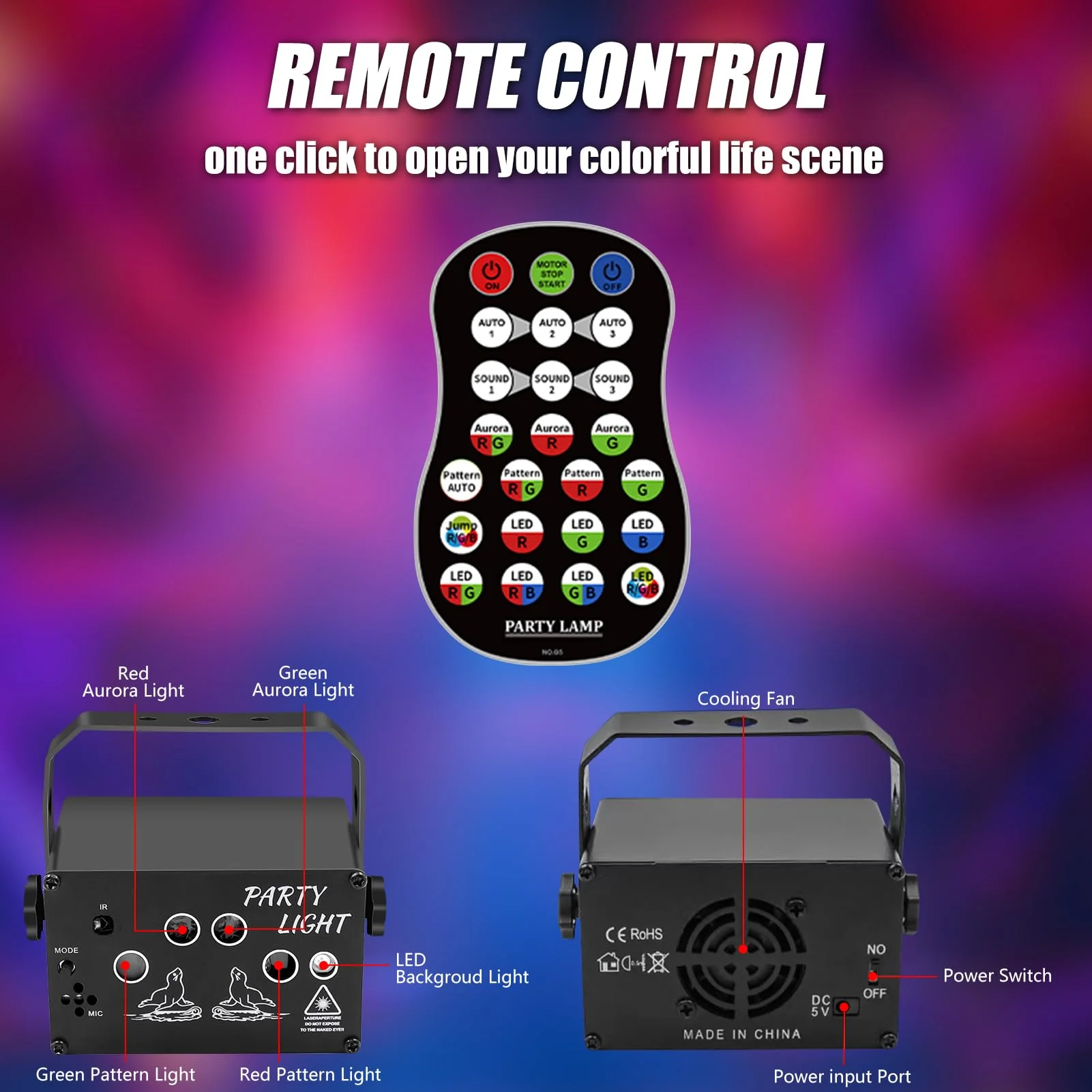 Mini USB-Powered Party Light 60-Patterns Stage Light with UV & RGB Backlight Remote Control for Indoor Events, Birthdays, Halloween, Karaoke, Club, and KTV, Matte Black - Image 6