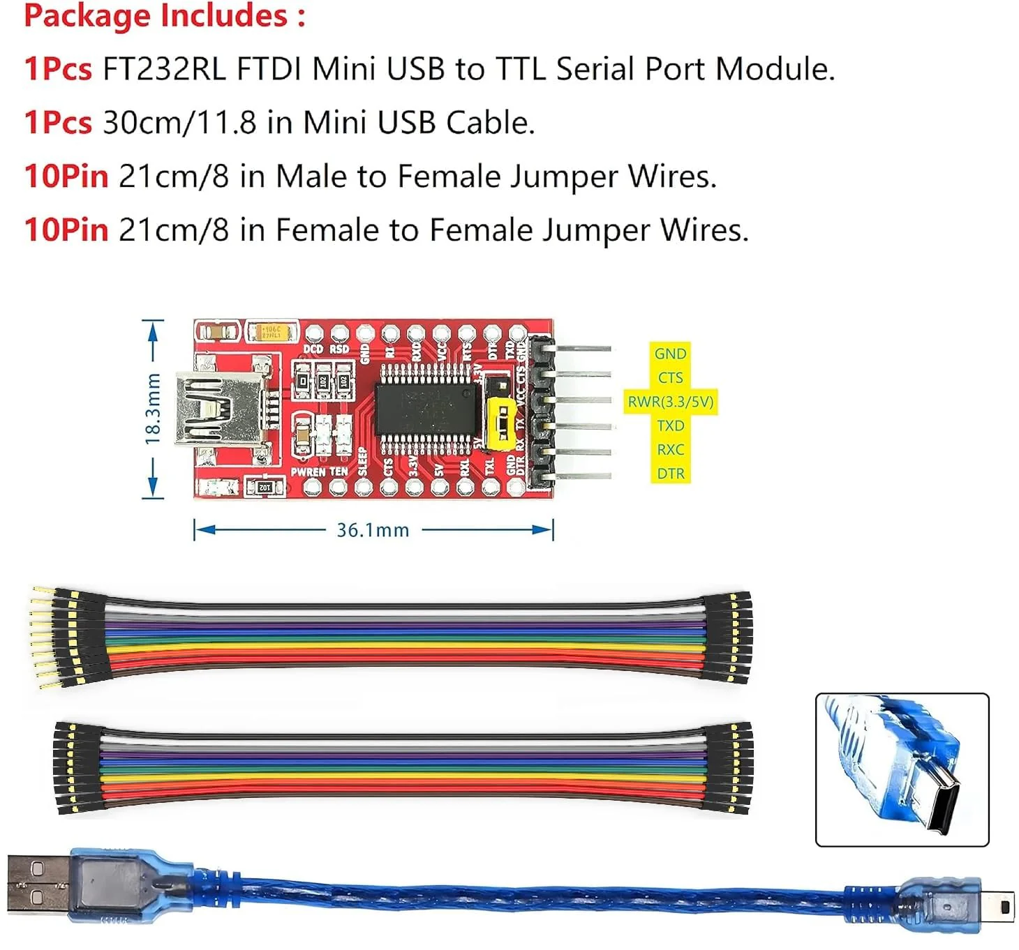 Mini USB to TTL Serial Converter Adapter, 3.3V/5.5V, FTDI Breakout Board for Arduino - Image 2
