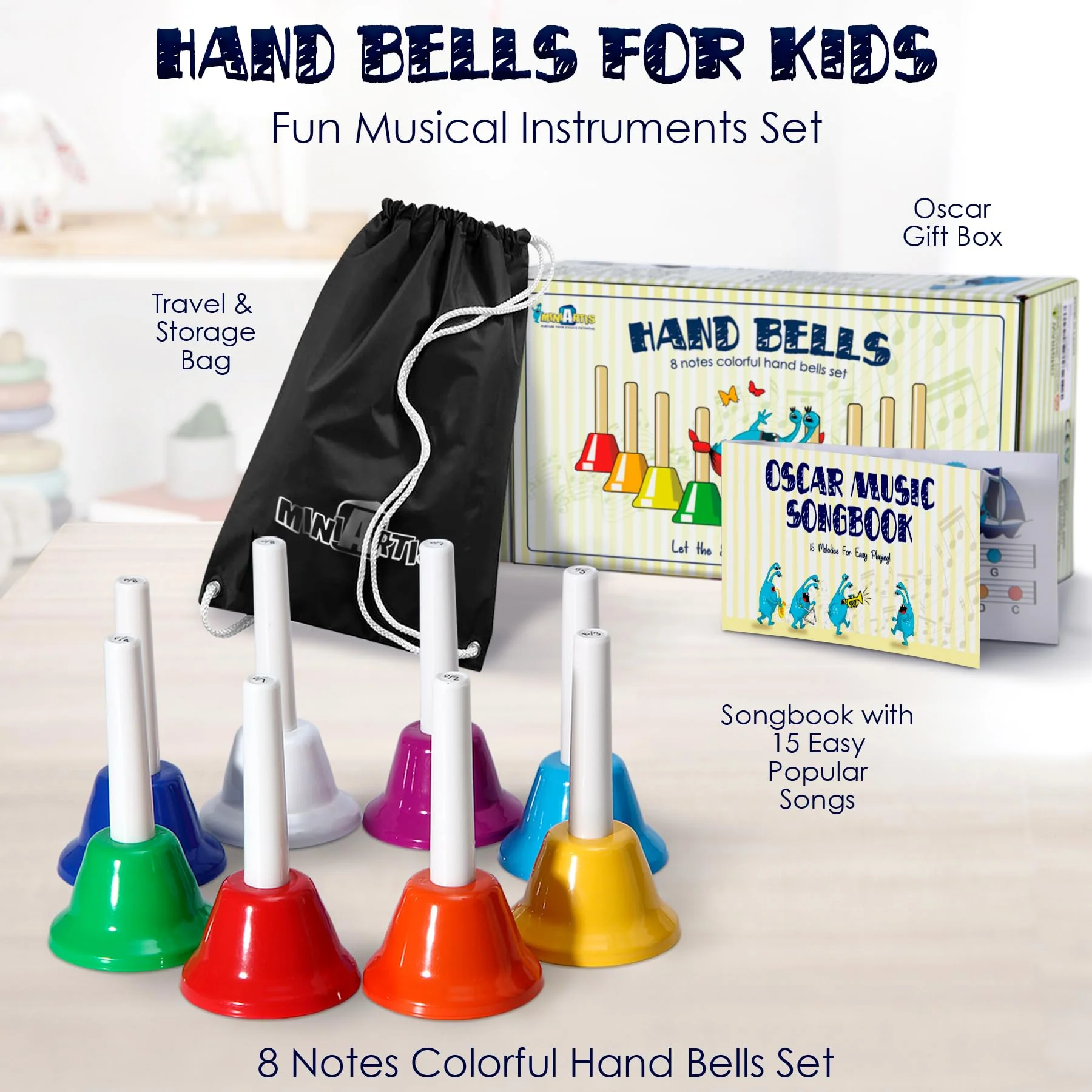 MINIARTIS Hand Bells for Kids | Educational Music Toys for Toddlers 8 Notes Colorful Handbells Set | Kids Musical Instrument with 15 Songbook | Great Birthday Gift for Children - Image 2