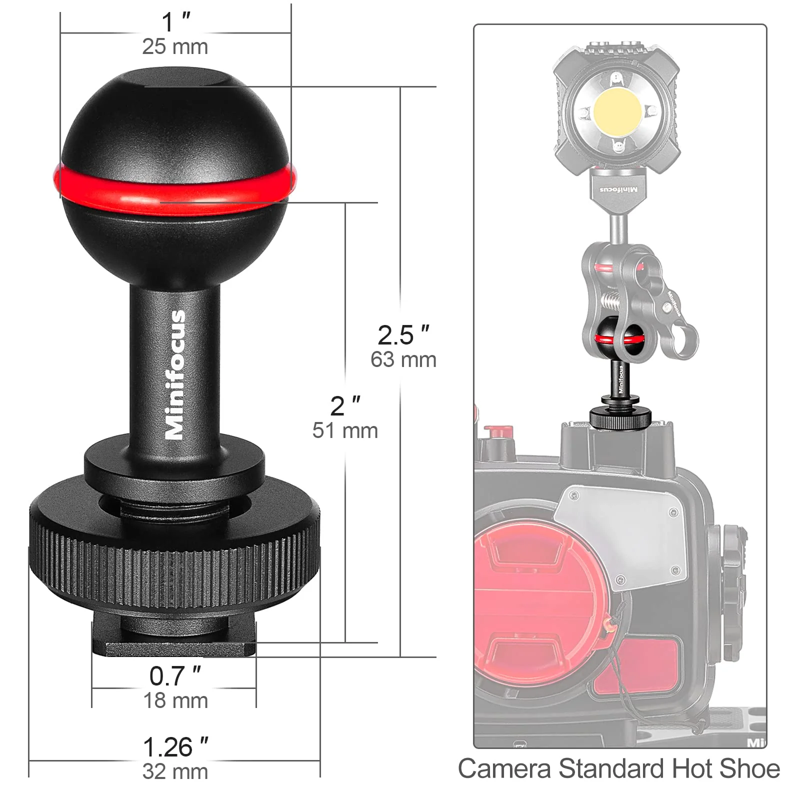 MINIFOCUS 1" Ball Head Cold Shoe Base Adapter, Universal Ball Joint Bracket with Cold Shoe Base Adapter for Diving Light Underwater Camera Waterproof Housings Case Video/Flash/Strobe Hot Shoes - Image 3