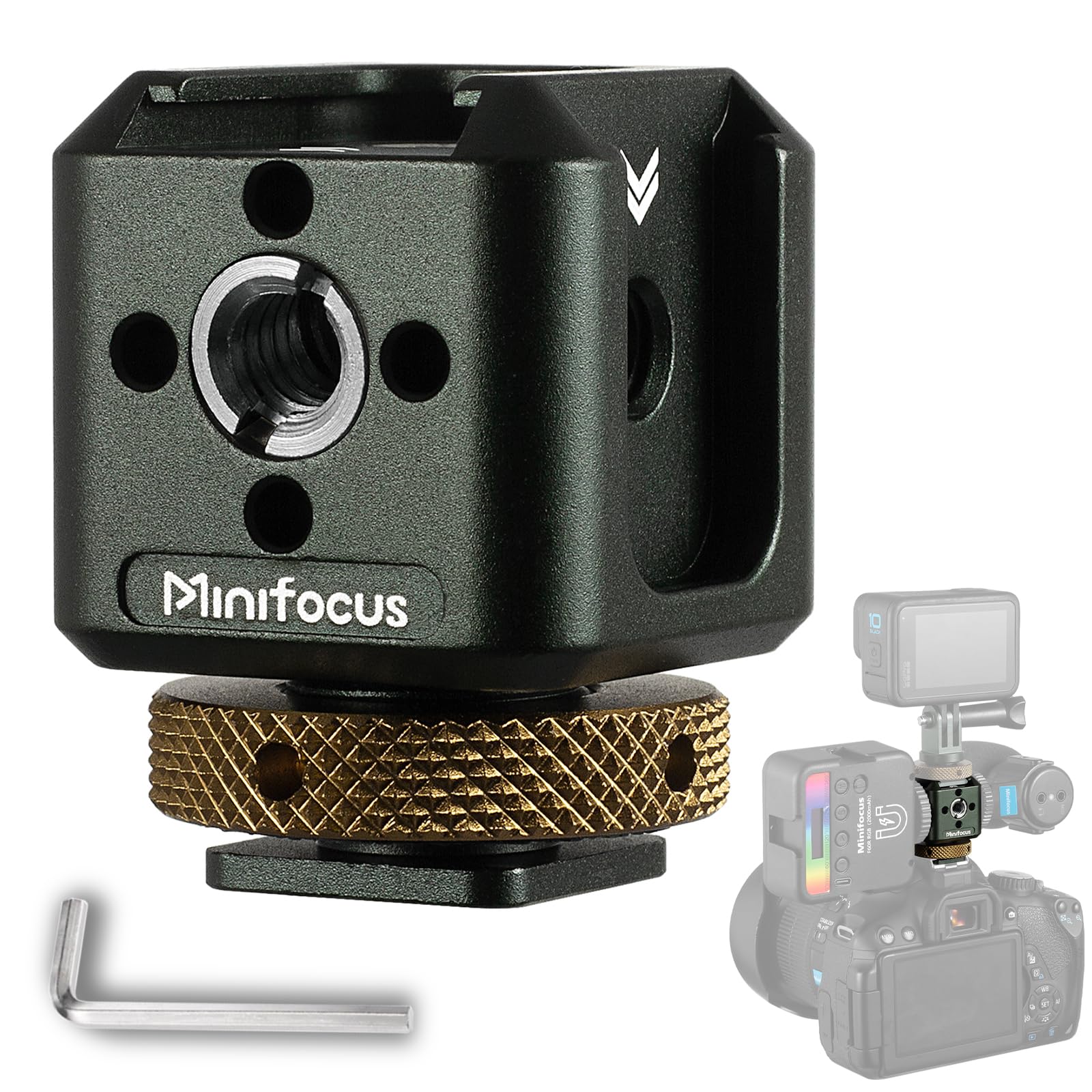 MINIFOCUS Camera Hot Shoe Extension Bracket with Quadruple Cold Shoe Mounts Adapter for Microphone LED Video Light, Aluminum Shoe Mount Holder with 1/4''&3/8'' Thread Hole and Arri-locating Hole S5108