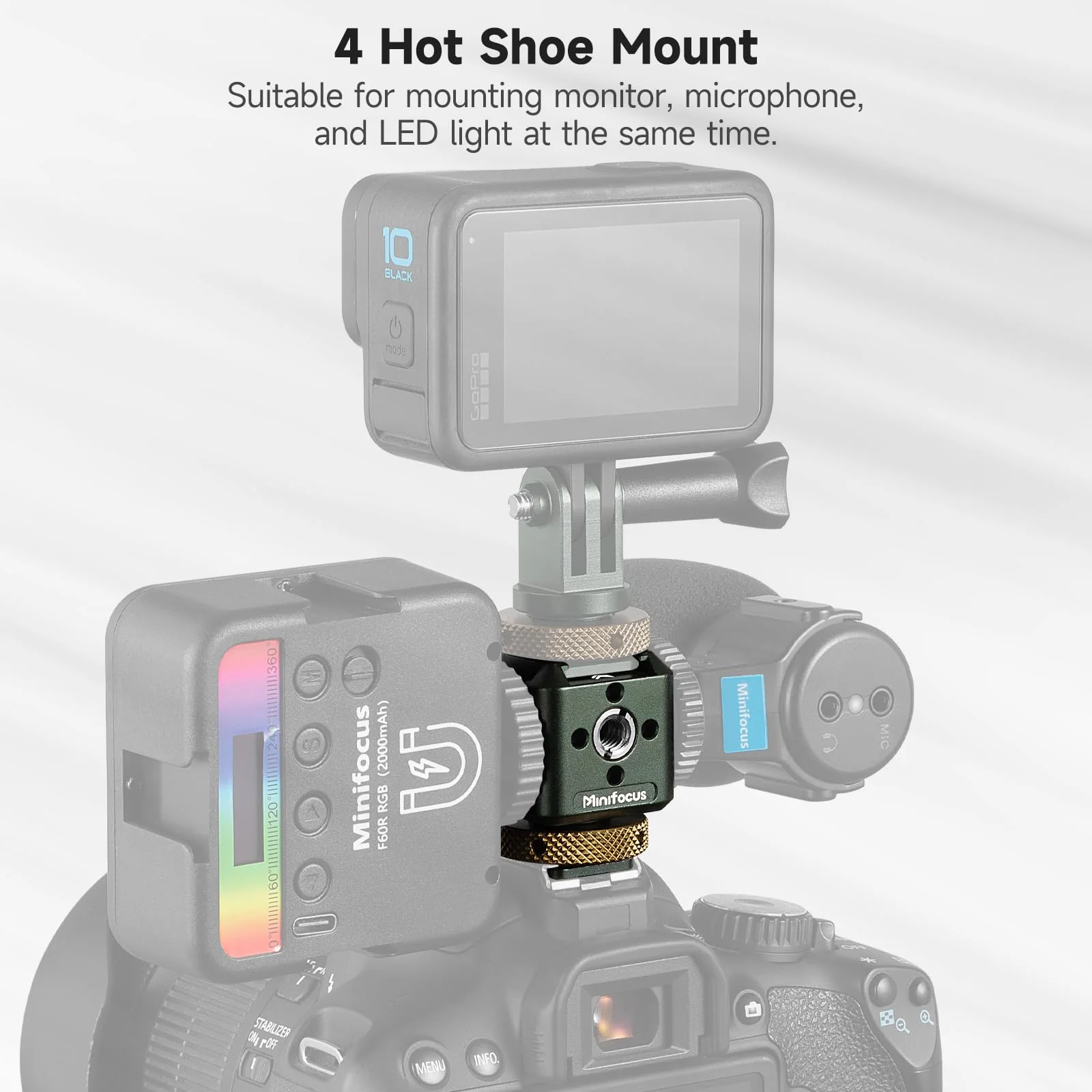 MINIFOCUS Camera Hot Shoe Extension Bracket with Quadruple Cold Shoe Mounts Adapter for Microphone LED Video Light, Aluminum Shoe Mount Holder with 1/4''&3/8'' Thread Hole and Arri-locating Hole S5108 - Image 2