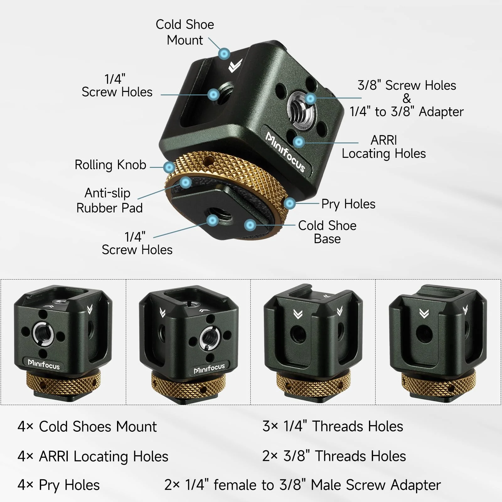 MINIFOCUS Camera Hot Shoe Extension Bracket with Quadruple Cold Shoe Mounts Adapter for Microphone LED Video Light, Aluminum Shoe Mount Holder with 1/4''&3/8'' Thread Hole and Arri-locating Hole S5108 - Image 3