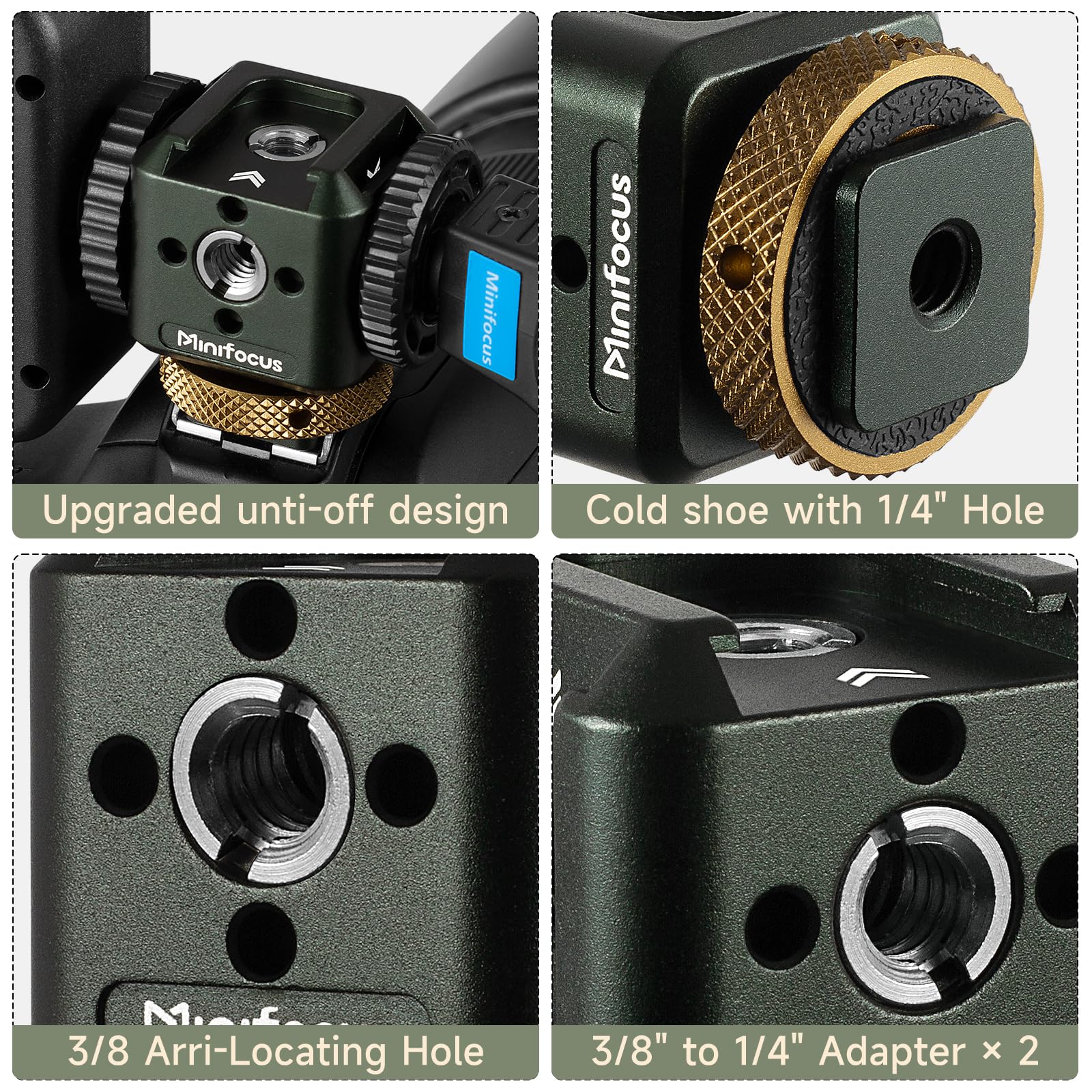 MINIFOCUS Camera Hot Shoe Extension Bracket with Quadruple Cold Shoe Mounts Adapter for Microphone LED Video Light, Aluminum Shoe Mount Holder with 1/4''&3/8'' Thread Hole and Arri-locating Hole S5108 - Image 4