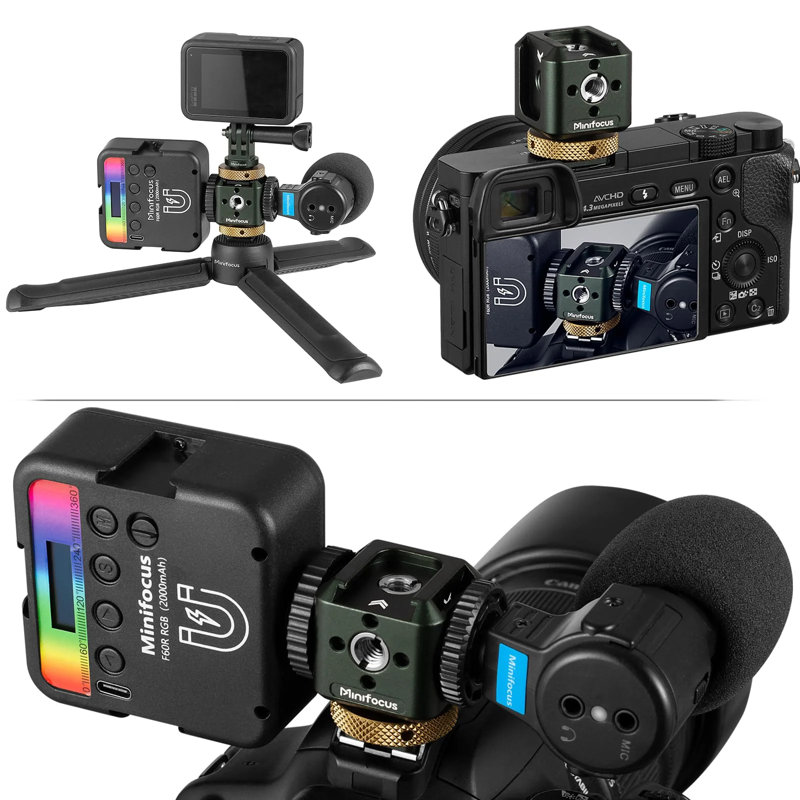 MINIFOCUS Camera Hot Shoe Extension Bracket with Quadruple Cold Shoe Mounts Adapter for Microphone LED Video Light, Aluminum Shoe Mount Holder with 1/4''&3/8'' Thread Hole and Arri-locating Hole S5108 - Image 6