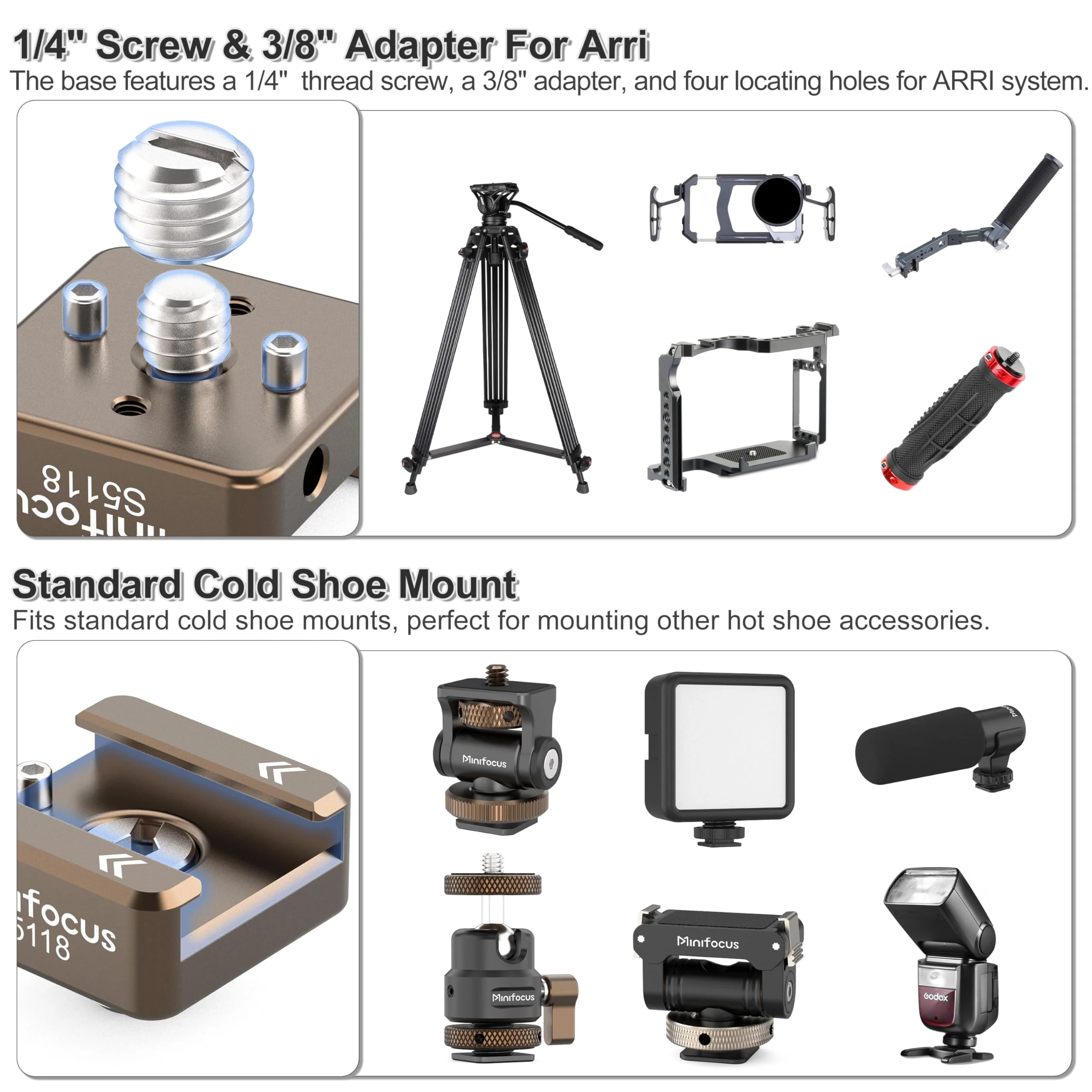 MINIFOCUS Cold Shoe Mount(4 Pcs), 1/4"-20 Screw with Locating Pins Compatible for ARRI Standard Mounting Points, with 3/8"-16 Adapter for Camera Cage Flash LED Monitor Microphone Sienna 4 PCS - Image 2