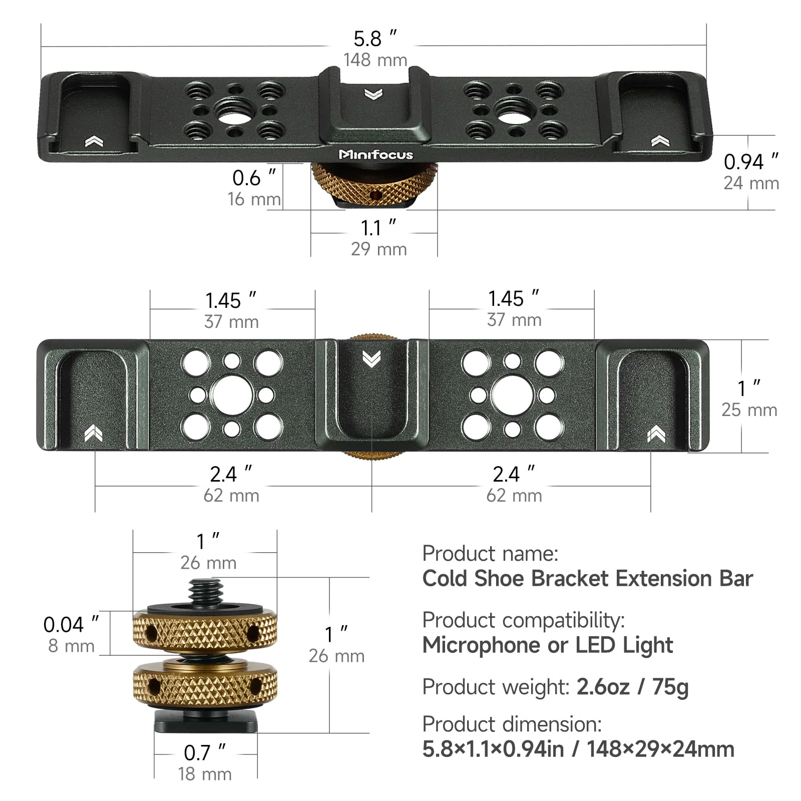 MINIFOCUS Triple Cold Shoe Extension Bar Mount, Aluminum Alloy Hot Shoe Mount Bracket with 1/4" Thread Holes for DSLR Camera Microphone Tripod LED Video Light Flashlight - Image 2