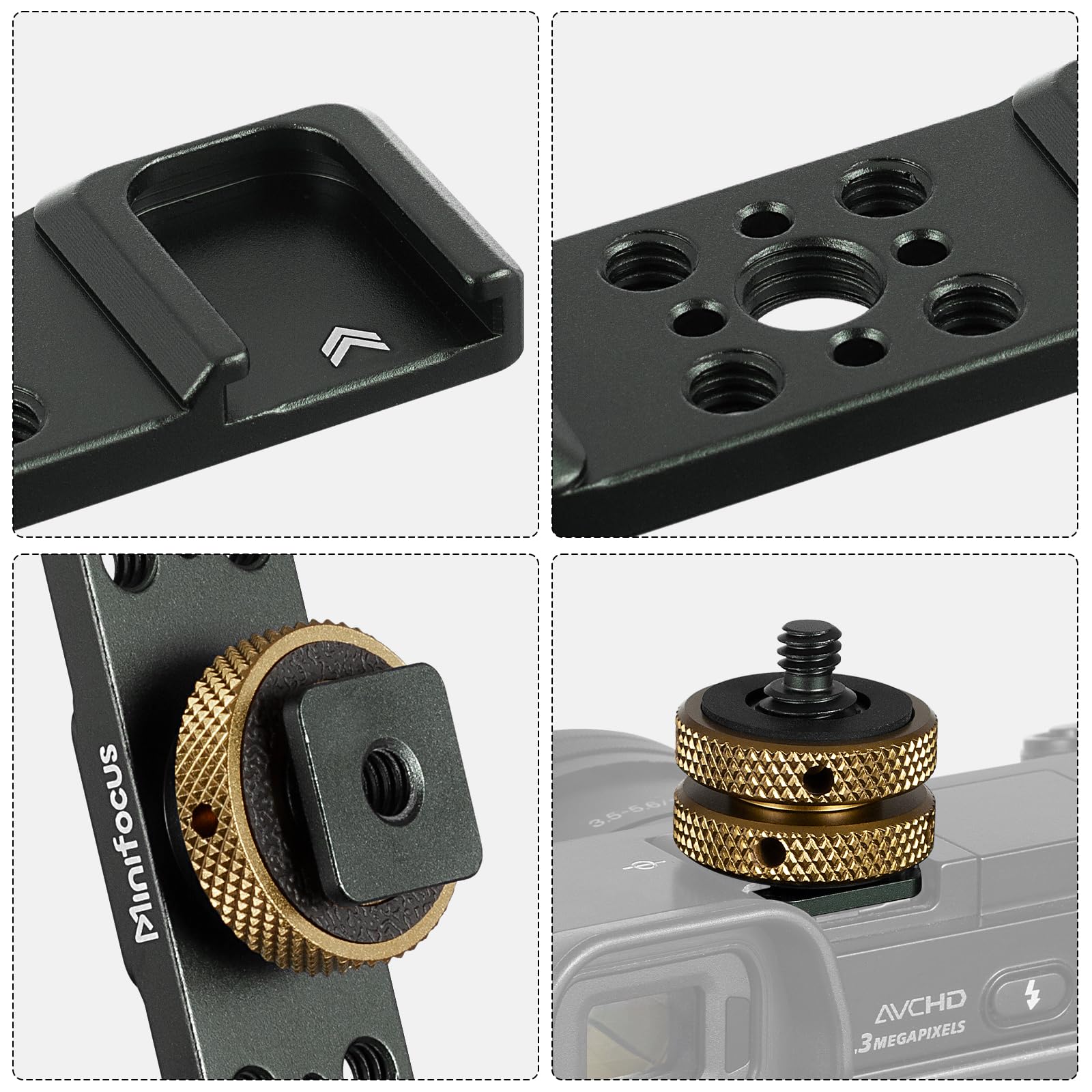 MINIFOCUS Triple Cold Shoe Extension Bar Mount, Aluminum Alloy Hot Shoe Mount Bracket with 1/4" Thread Holes for DSLR Camera Microphone Tripod LED Video Light Flashlight - Image 4