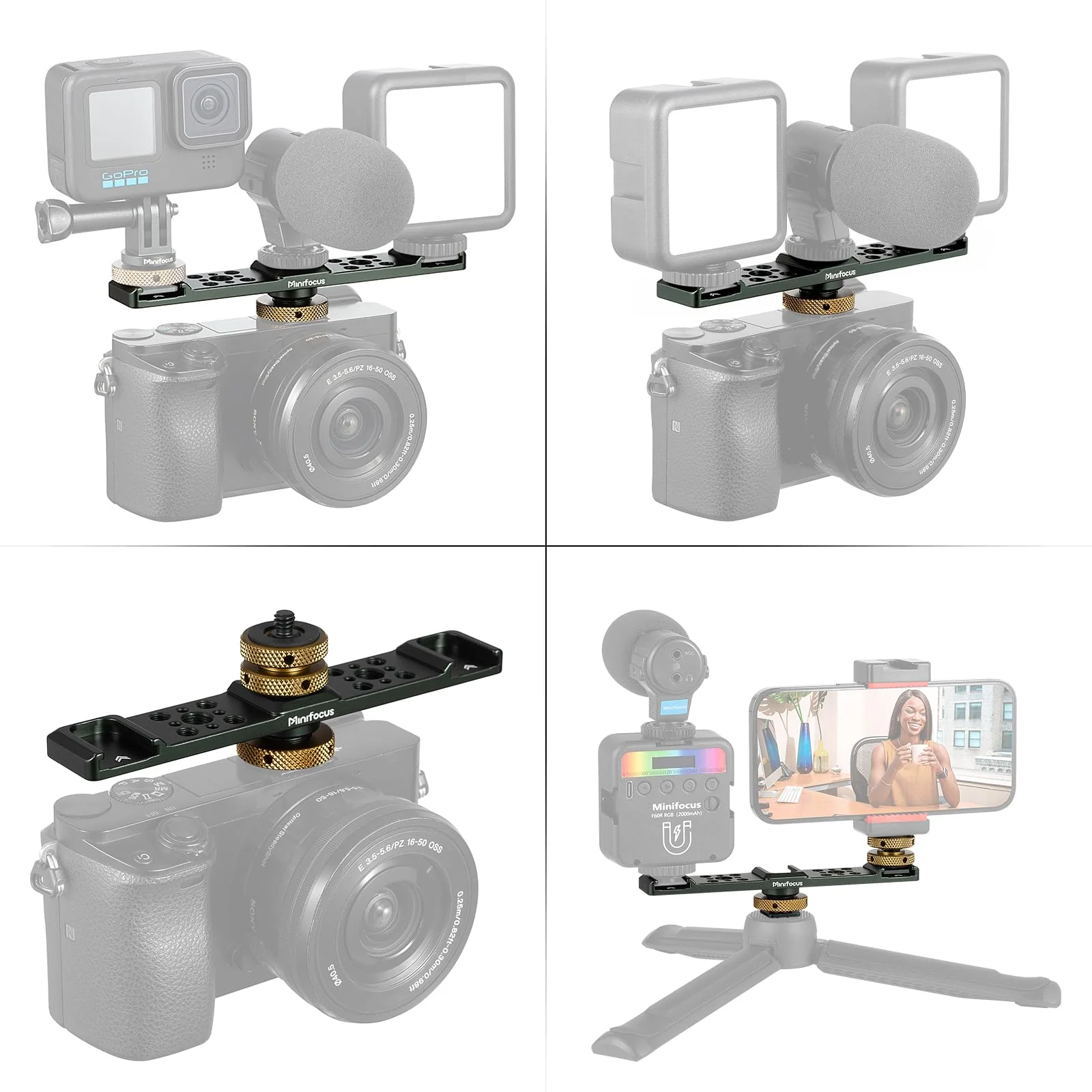 MINIFOCUS Triple Cold Shoe Extension Bar Mount, Aluminum Alloy Hot Shoe Mount Bracket with 1/4" Thread Holes for DSLR Camera Microphone Tripod LED Video Light Flashlight - Image 5