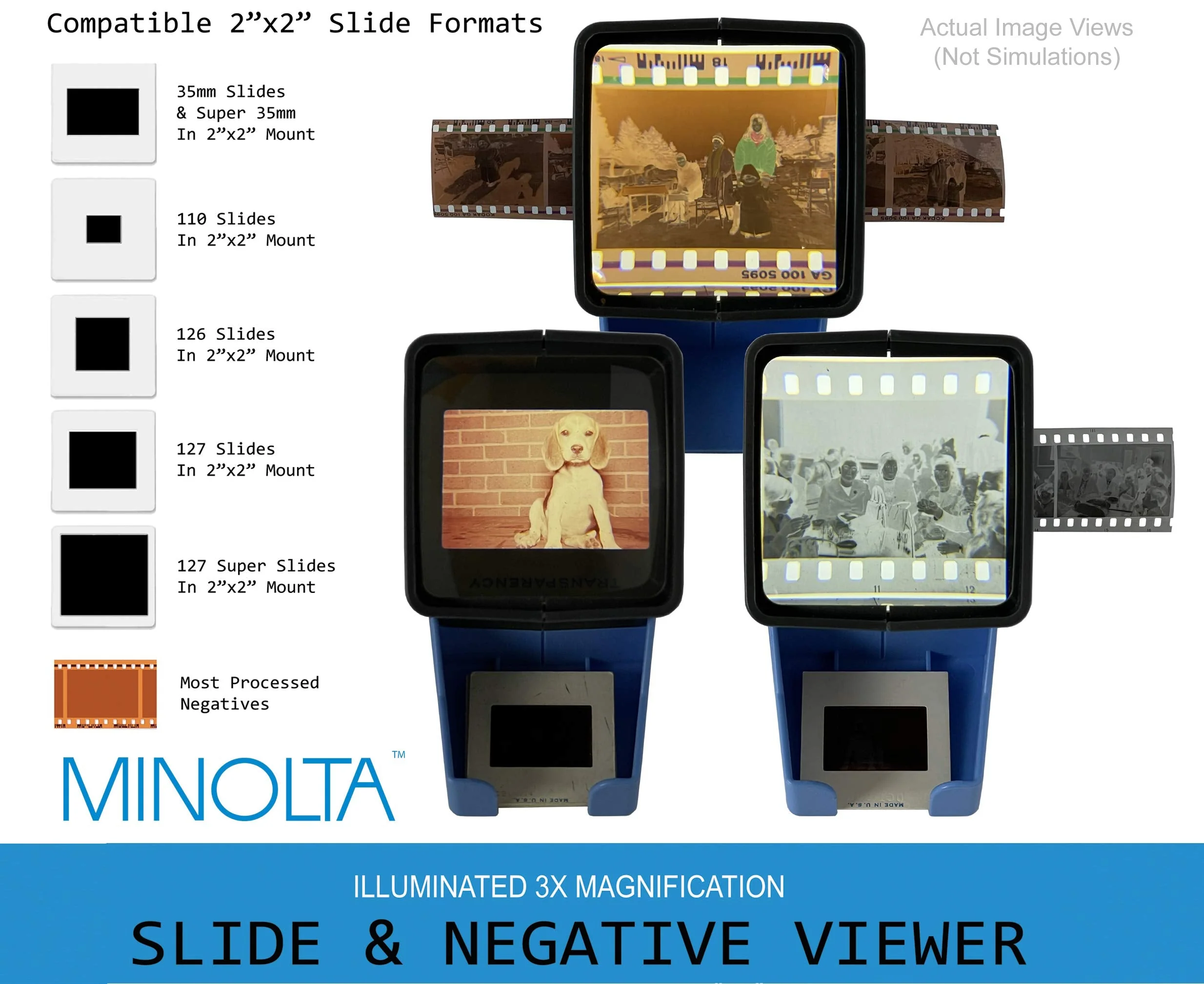 MINOLTA 35mm Desk Top Portable LED Slide and Negative Viewer Luminated 3X Magnify – for 2"x2" Slides & Positive Negatives - Worldwide AC Adapter & Plugs, Battery Operation & Cloth - Image 2