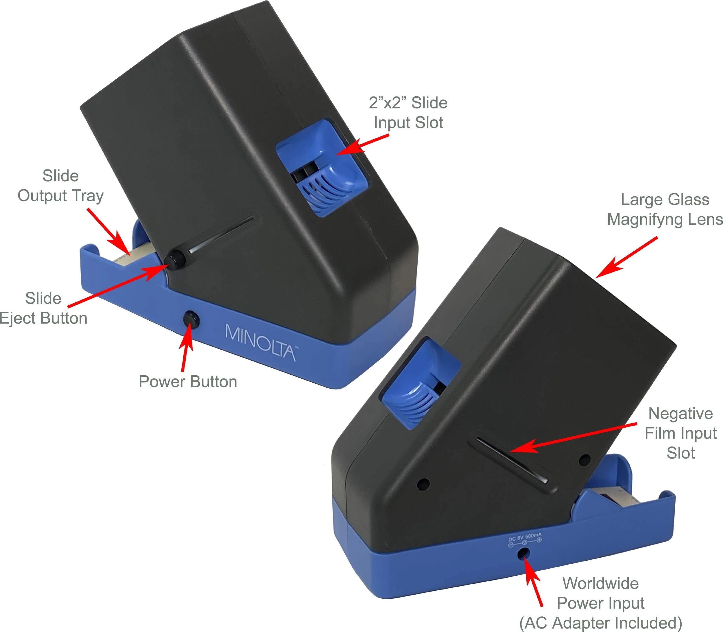 MINOLTA 35mm Desk Top Portable LED Slide and Negative Viewer Luminated 3X Magnify – for 2"x2" Slides & Positive Negatives - Worldwide AC Adapter & Plugs, Battery Operation & Cloth - Image 6