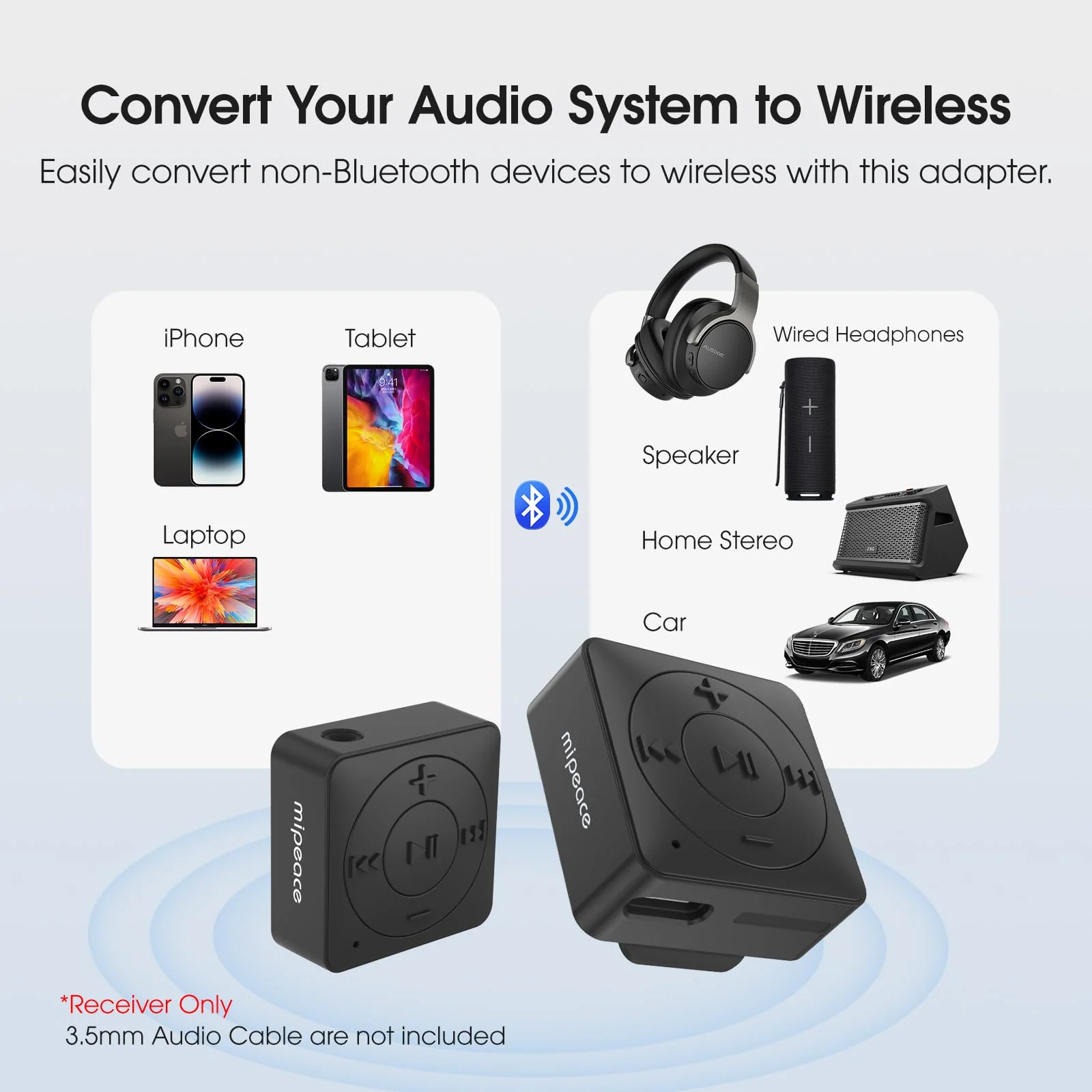 MIPEACE Bluetooth Audio Adapter for Headphones, Bluetooth 5.3 Receiver, 3.5mm Jack Aux Wireless Audio Adapter for Speaker Car Home Stereo(Black) Black - Image 2