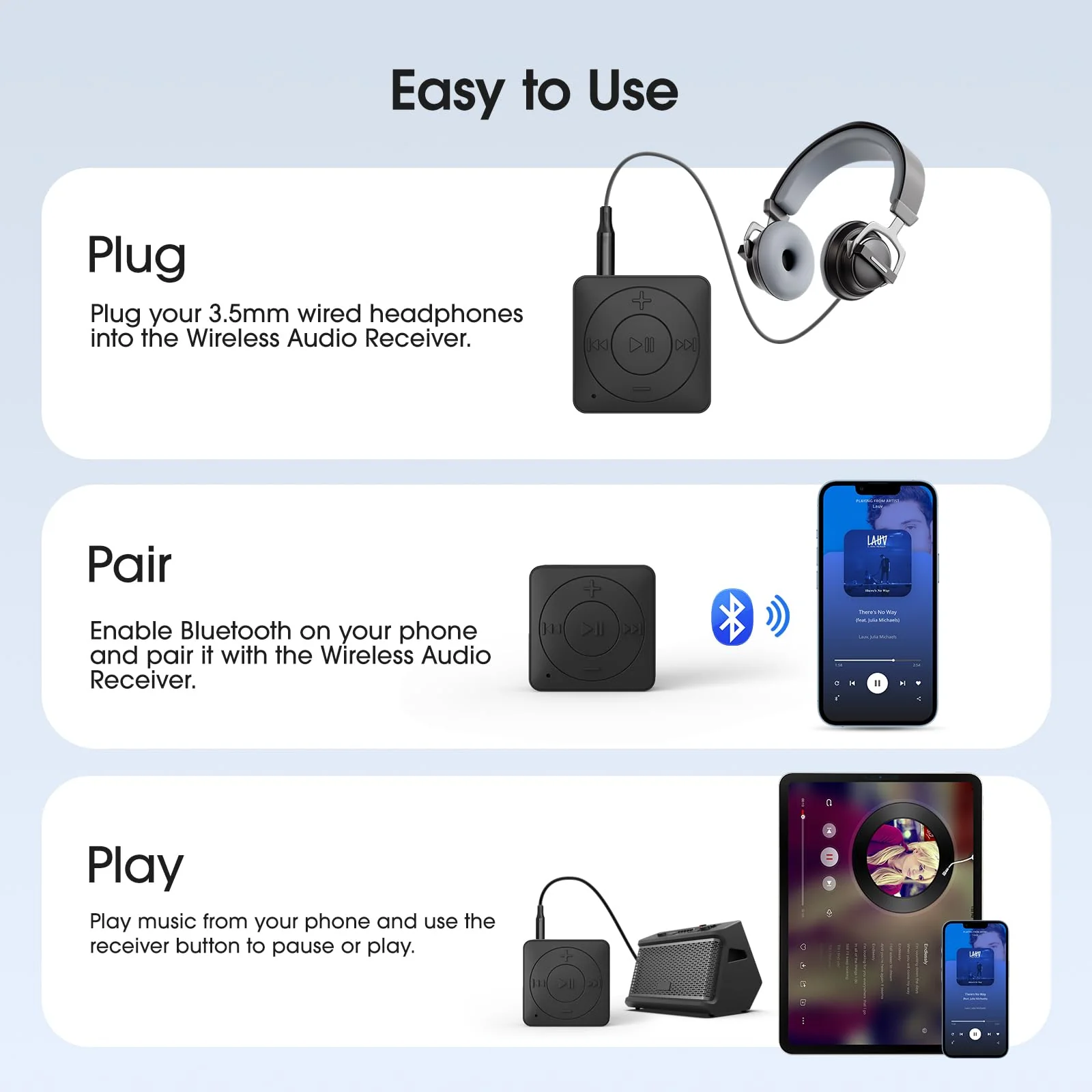 MIPEACE Bluetooth Audio Adapter for Headphones, Bluetooth 5.3 Receiver, 3.5mm Jack Aux Wireless Audio Adapter for Speaker Car Home Stereo(Black) Black - Image 6