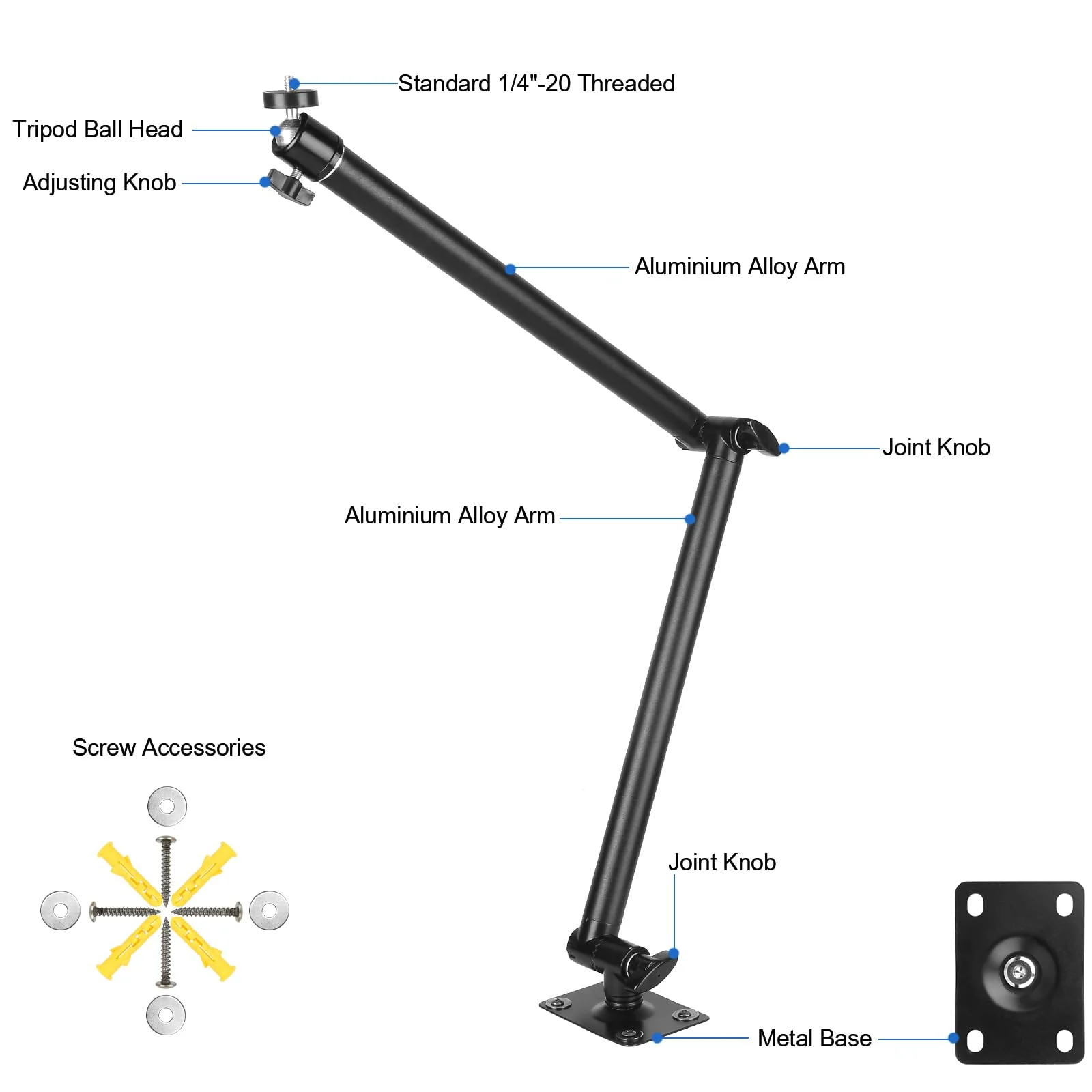 Mippko Articulating Camera Wall Mount with 1/4"-20 Threaded Compatible with DSLR/Security/Webcam/Action/LED Light/CCTV POV Camcorder Cameras,Adjustable Aluminium Alloy Arm Metal Base - Image 3