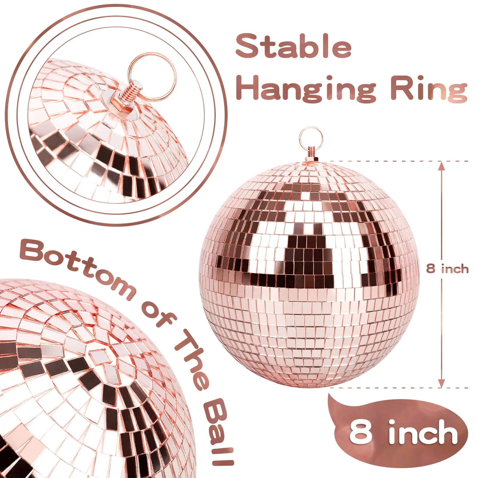 Mirror Ball for Disco DJ Club Party Wedding Home Decor, Muscab 8 Inch Disco Ball with Hanging Ring, Rose Gold - Image 2