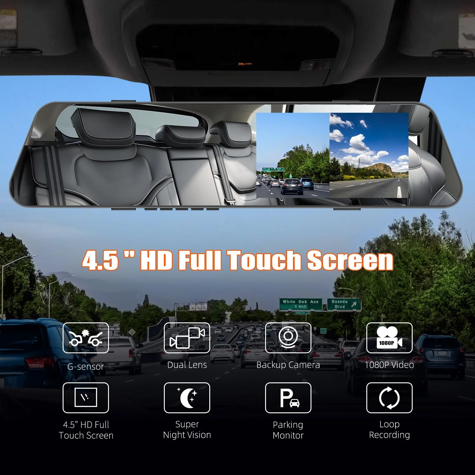 Mirror Dash Cam for Cars,4.5 Inch Rear View Mirror 1080P Front and Rear View Dual Cameras,Super Night Vision,Parking Assistance,24H Parking Monitor,Waterproof Backup Camera 4.5 Inch 1080P - Image 2