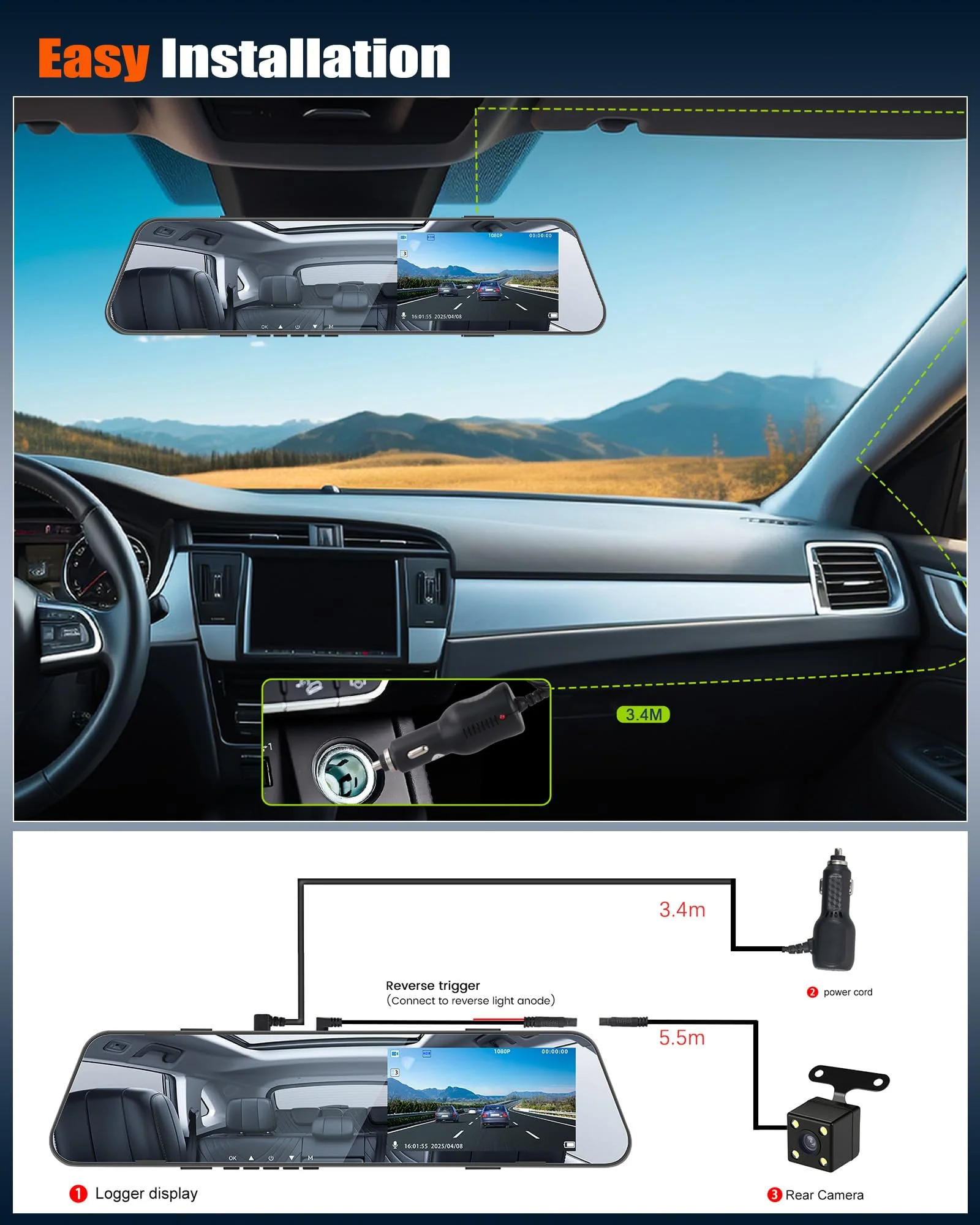 Mirror Dash Cam for Cars,4.5 Inch Rear View Mirror 1080P Front and Rear View Dual Cameras,Super Night Vision,Parking Assistance,24H Parking Monitor,Waterproof Backup Camera 4.5 Inch 1080P - Image 7