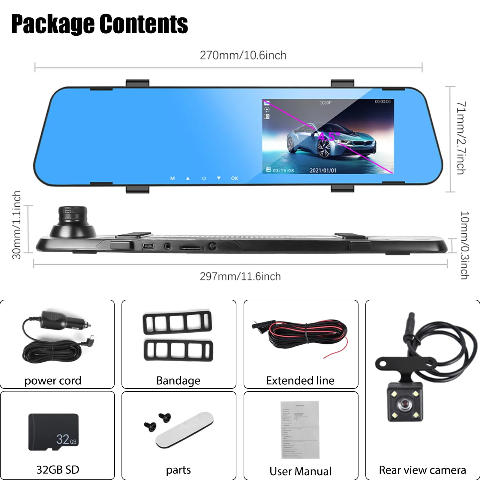 Mirror Dash Cam for Cars,4.5" Rear View Mirror 1080P Front and Rear View Dual Cameras,Super Night Vision,Parking Assistance,G-Sensor,24H Parking Monitor, Waterproof Backup Camera Free 32GB Card 4.5 Inch+32GB SD Card - Image 7