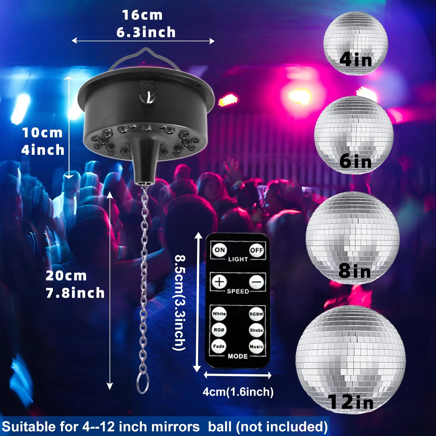 Mirrors Ball Motor with Remote, 5-10 RPM Adjustable Spinner with 23 RGBW LED Rotator with Multi Light Mode and Sound Control for 6 to 12 Inch Mirror Ball(Not Included) - Image 2