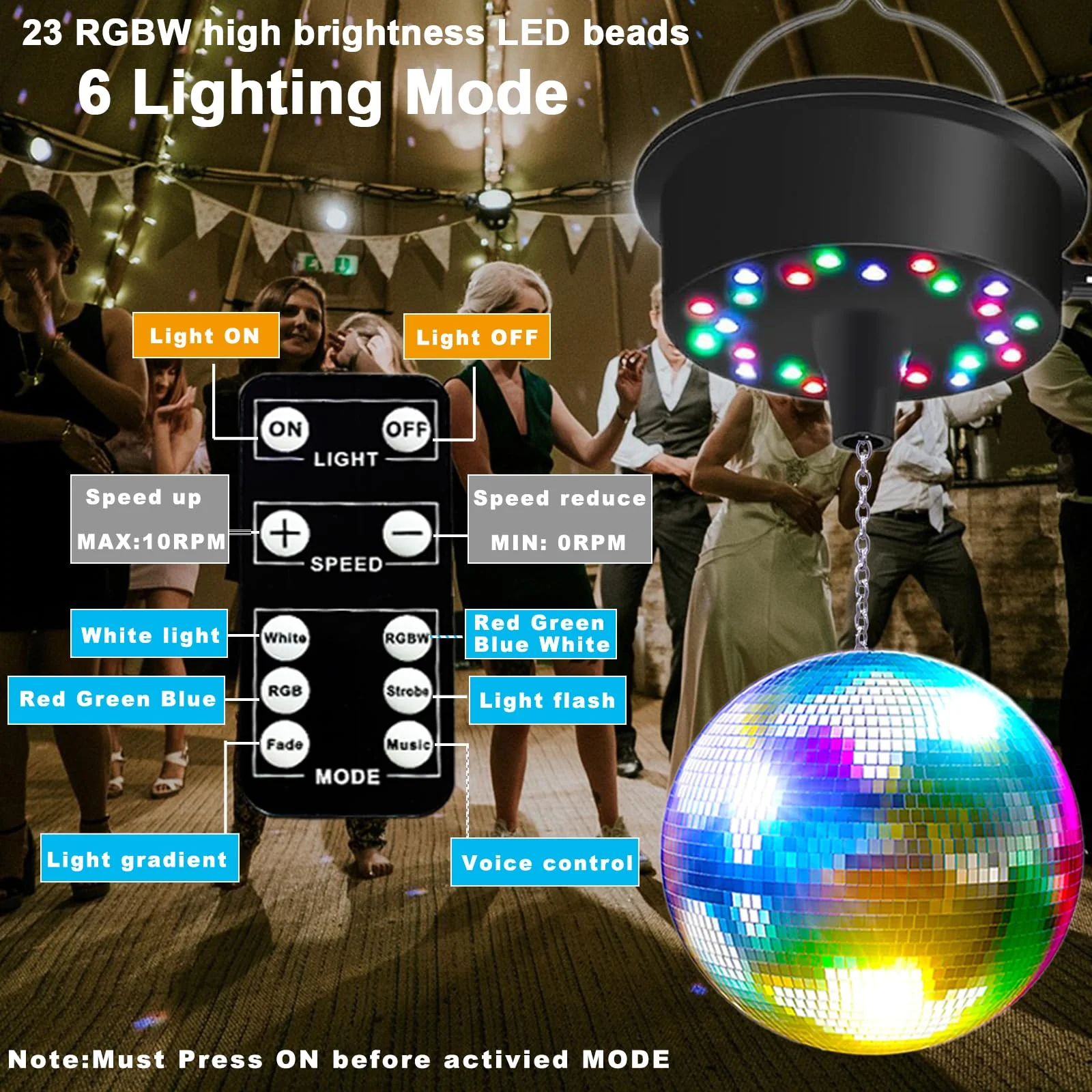Mirrors Ball Motor with Remote, 5-10 RPM Adjustable Spinner with 23 RGBW LED Rotator with Multi Light Mode and Sound Control for 6 to 12 Inch Mirror Ball(Not Included) - Image 3