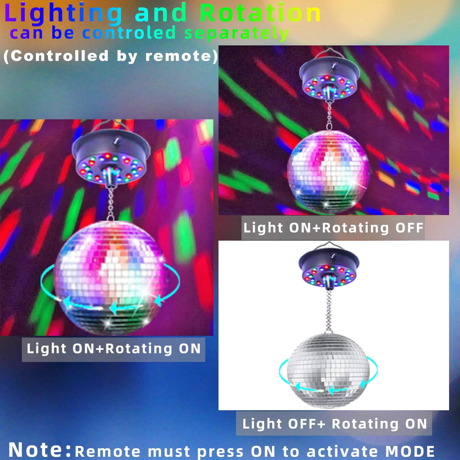 Mirrors Ball Motor with Remote, 5-10 RPM Adjustable Spinner with 23 RGBW LED Rotator with Multi Light Mode and Sound Control for 6 to 12 Inch Mirror Ball(Not Included) - Image 4