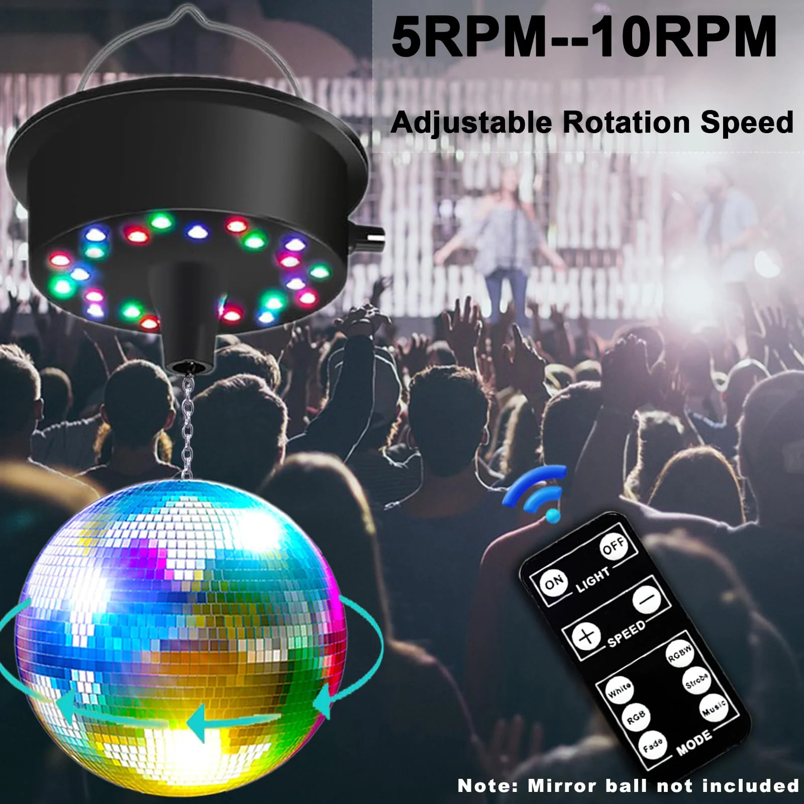 Mirrors Ball Motor with Remote, 5-10 RPM Adjustable Spinner with 23 RGBW LED Rotator with Multi Light Mode and Sound Control for 6 to 12 Inch Mirror Ball(Not Included) - Image 6