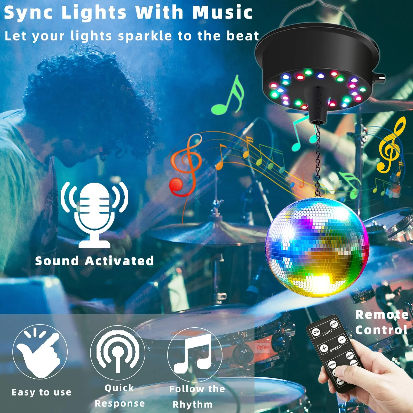Mirrors Ball Motor with Remote, 5-10 RPM Adjustable Spinner with 23 RGBW LED Rotator with Multi Light Mode and Sound Control for 6 to 12 Inch Mirror Ball(Not Included) - Image 7