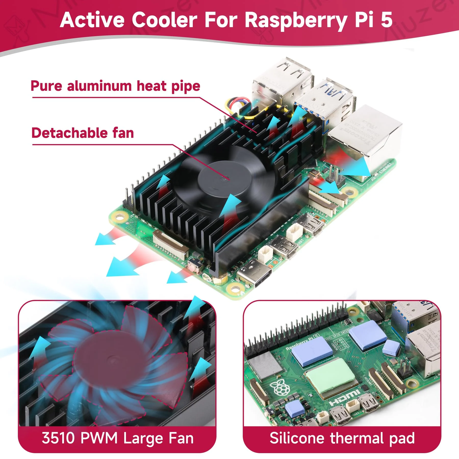 Miuzei Heatsink for Raspberry Pi 5 with Active Cooler Fan, Raspi5 Metal Cooling Case Cooler with PWM Active Fan, Aluminium Heatsink and Cooling Fan for Raspberry Pi 5 4GB/8GB Black - Image 3