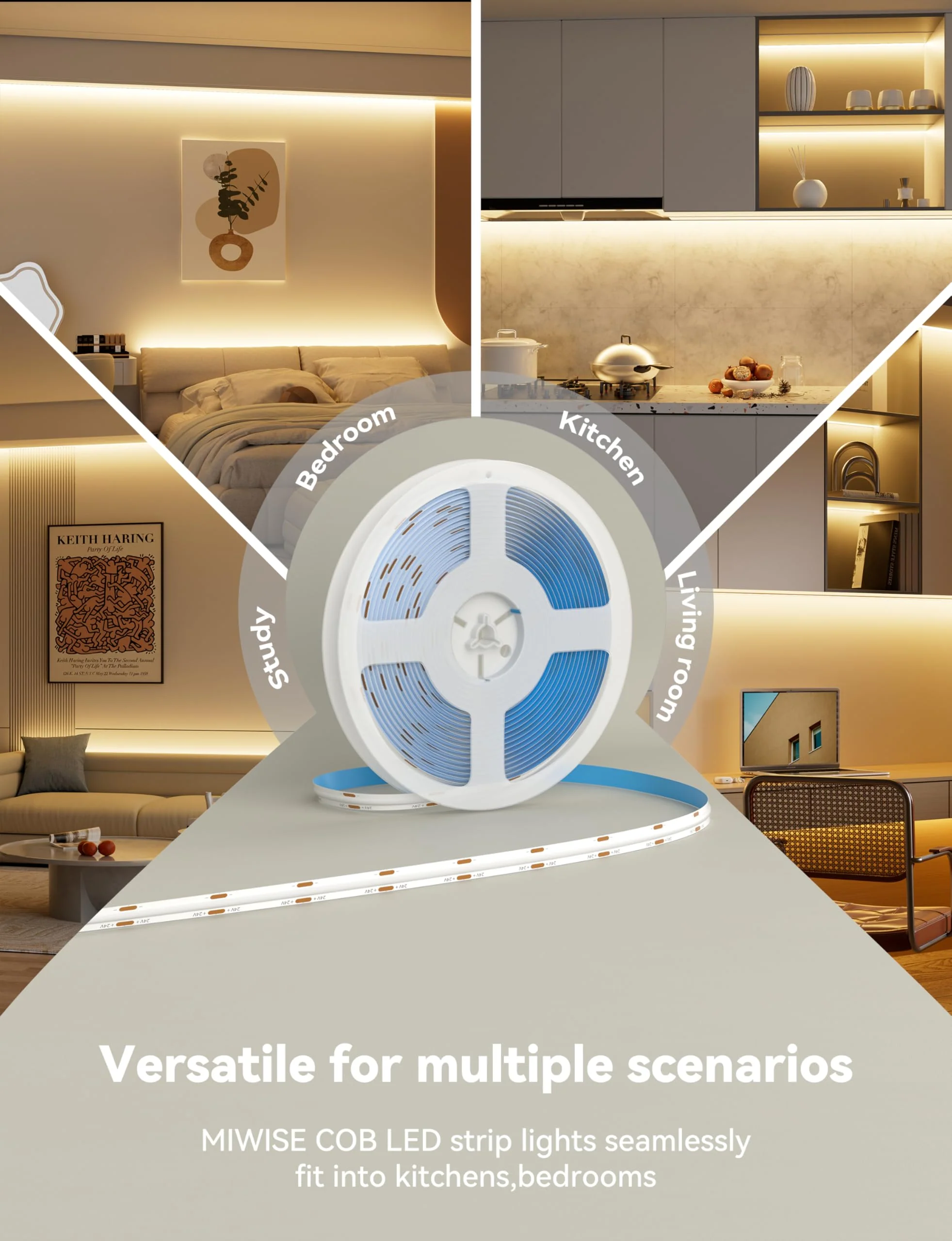 MIWISE COB LED Strip,LED Strip Light 2700K Warm White 20ft Dimmable Super Bright 24V,High Density Flexible Tape Light with RF Remote Timer Function,for Shelf/Cabinet/Bedroom/TV DIY Lighting Project 6.1m - Image 5