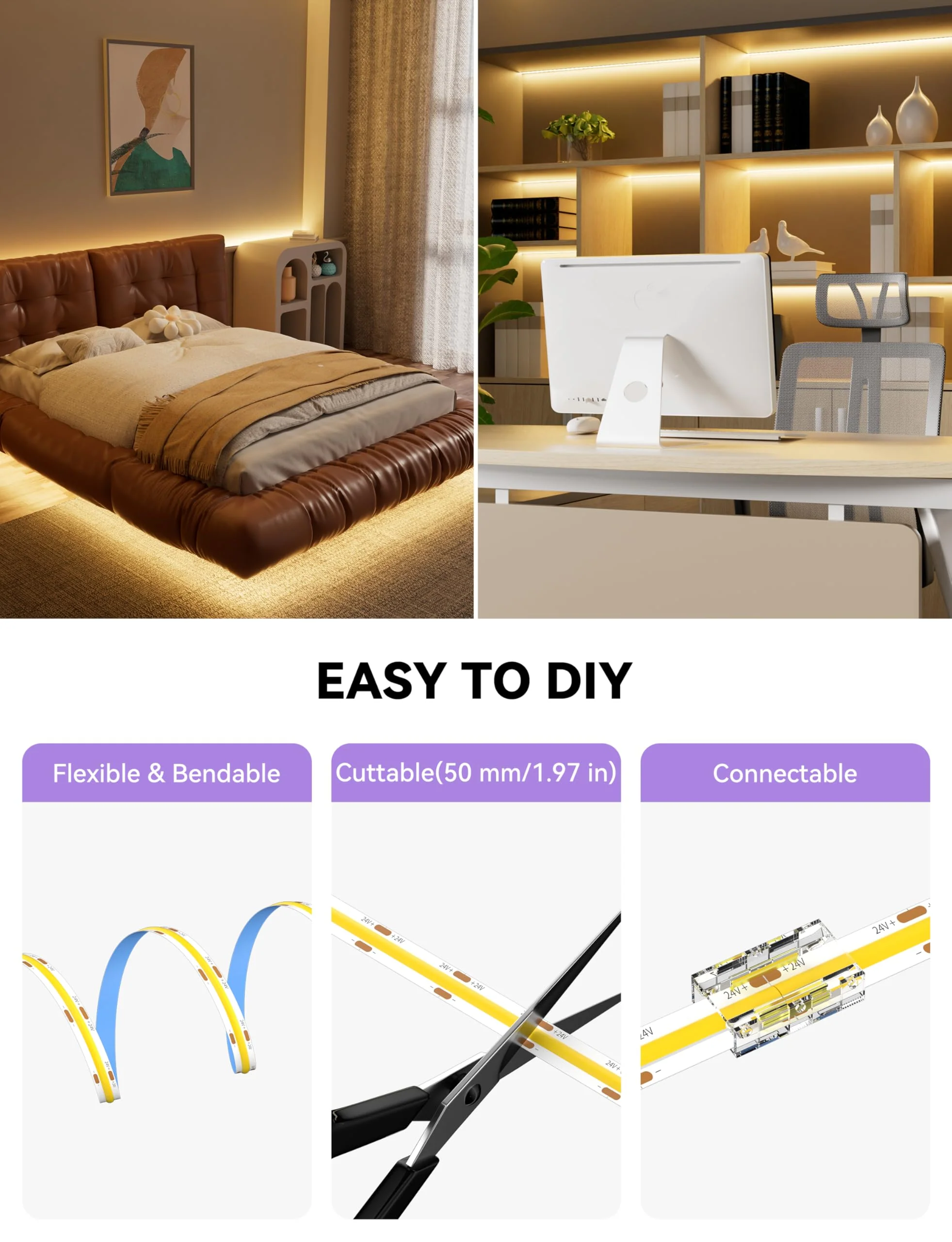 MIWISE COB LED Strip,LED Strip Light 2700K Warm White 20ft Dimmable Super Bright 24V,High Density Flexible Tape Light with RF Remote Timer Function,for Shelf/Cabinet/Bedroom/TV DIY Lighting Project 6.1m - Image 6