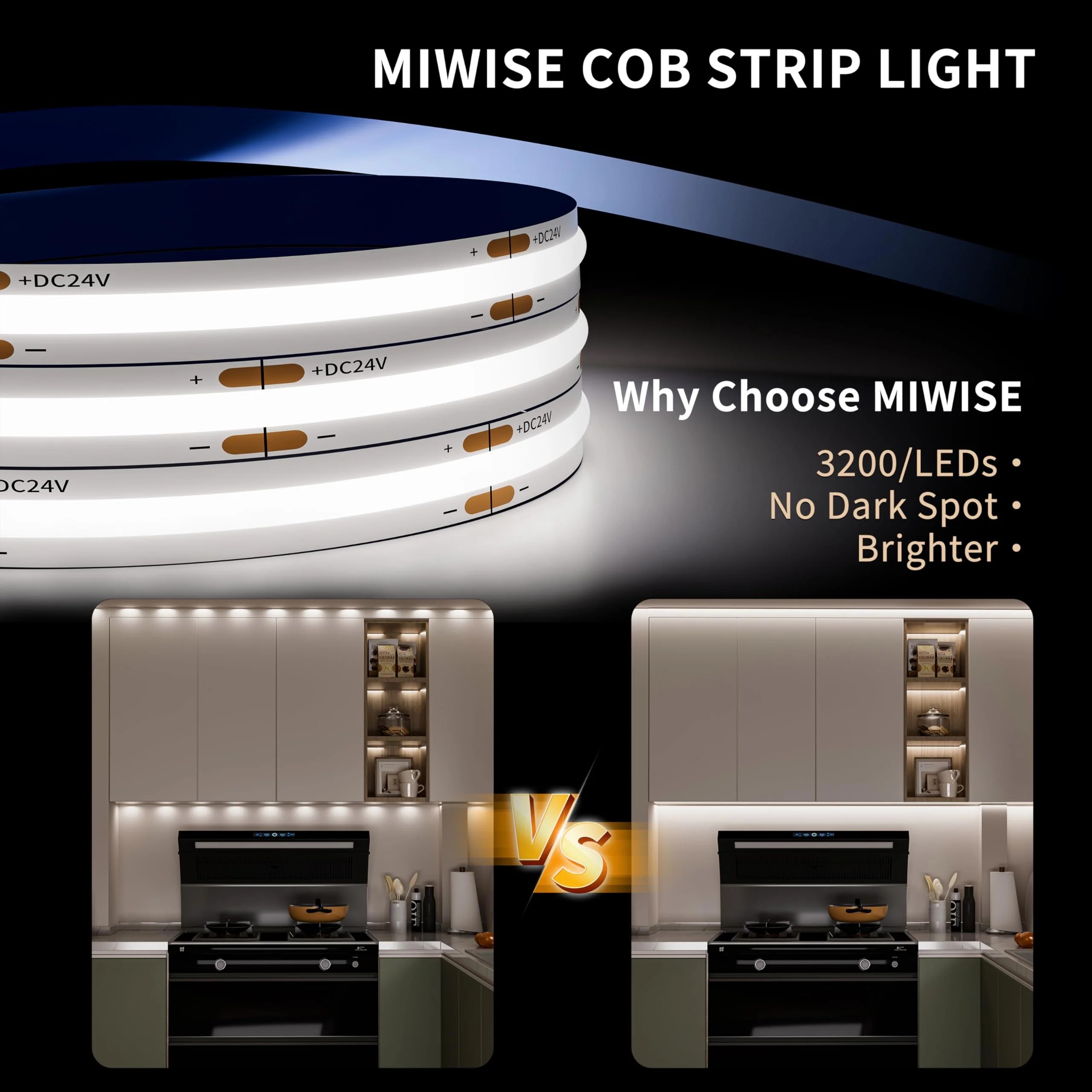 MIWISE COB LED Strip Light 32.8ft/10m,CRI 90+ Daylight White 6000K High Lumen Dimmable Super Bright Flexible DC24V LED Tape Light with Controller/Dimmer,for Cabinet Home Office DIY Lighting Projects 32.8 ft - Image 2