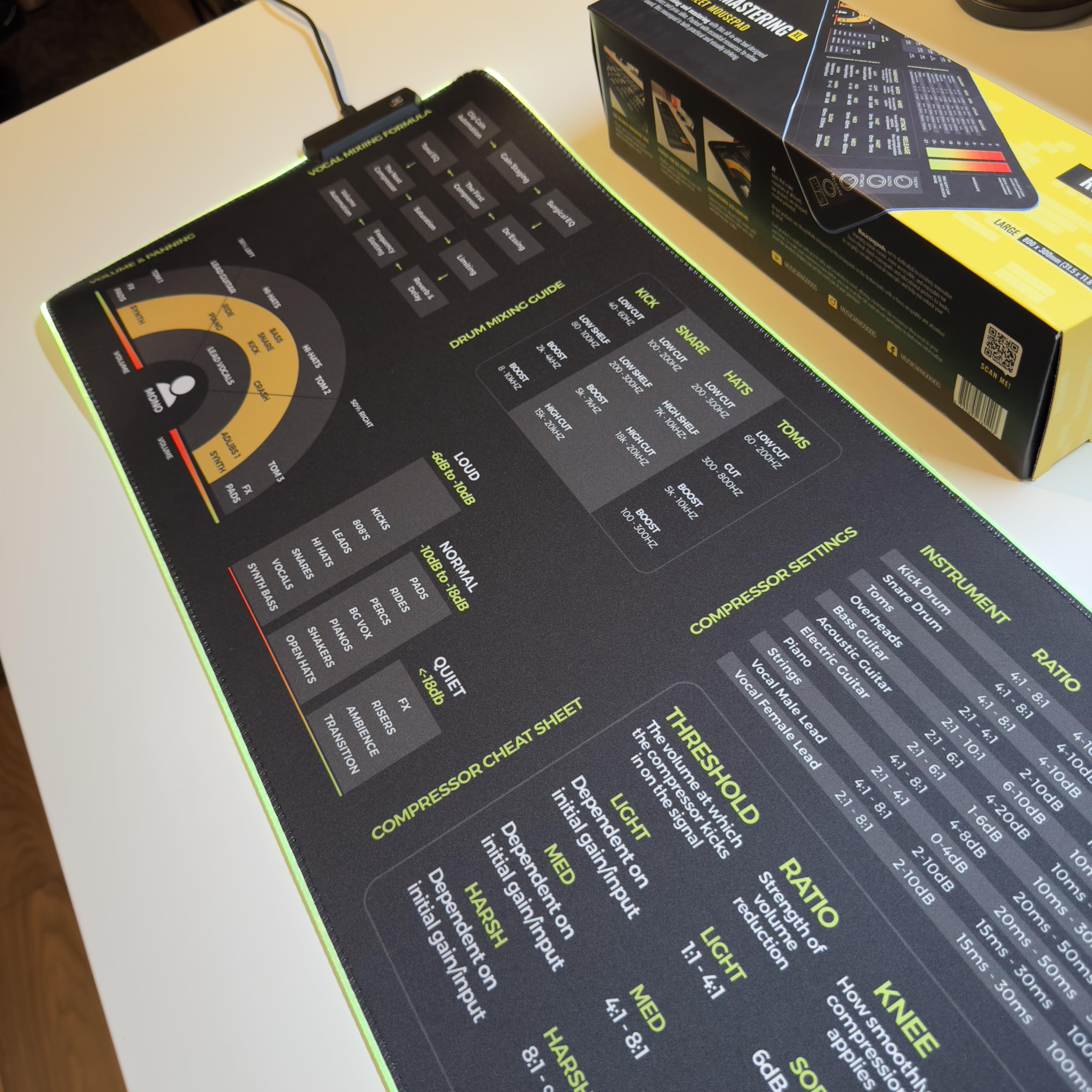 Mixing & Mastering Cheat Sheet Mousepad – 35×25cm (13.8"x9.8") & 80×30cm (31.5"x11.8") – Studio Desk Mat for Music Producers, DJs & Engineers – LED Version Available XXL with LED (800x300mm) - Image 8