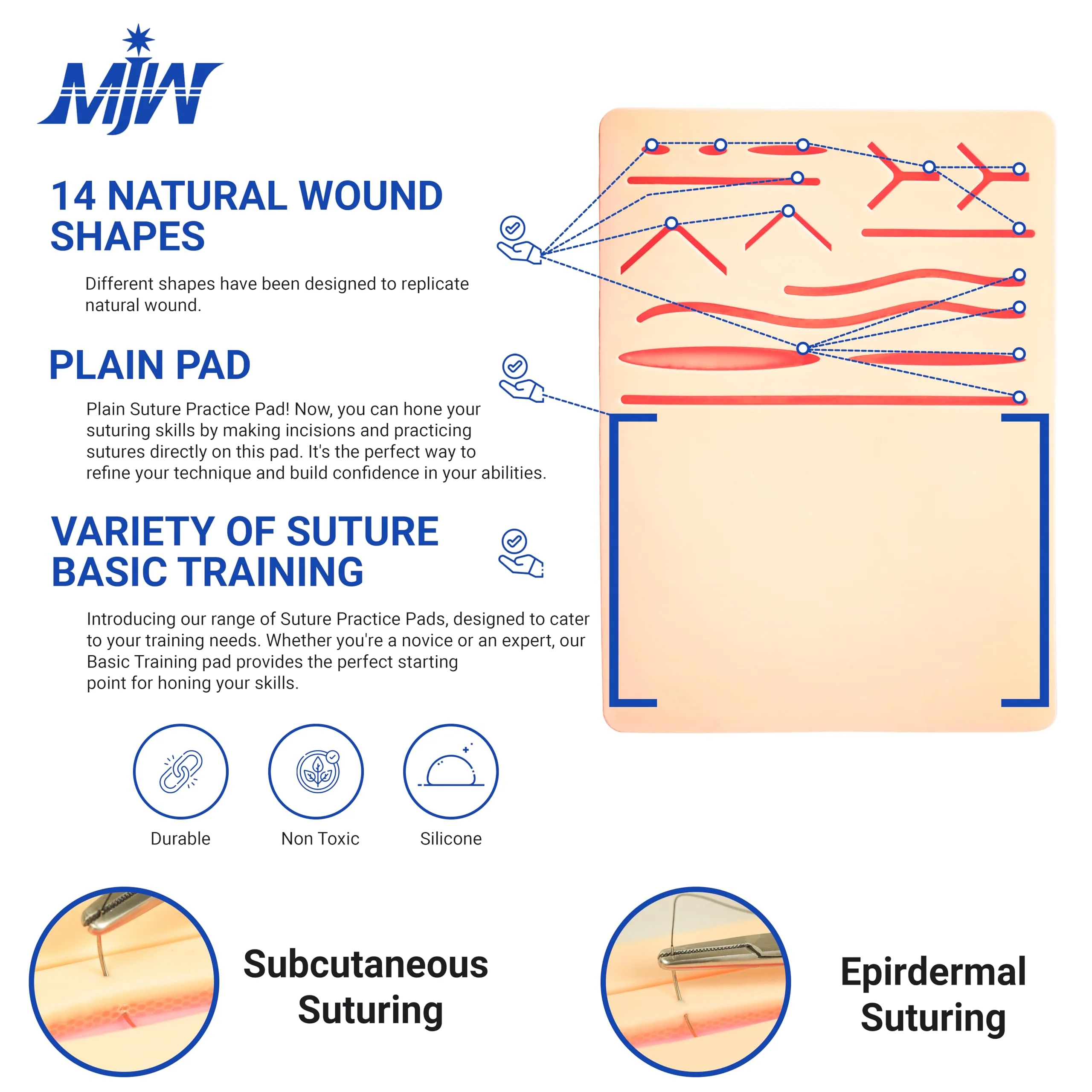 MJW Dual Seam Practice Pad - Two in One Seam Pad, 3 Layers, 14 Pre-Cut Wounds and Unadorned Silicone Skin Seam Exercise Pad of Different Styles - Ideal for Students Suture Training Dual Pad - Image 3