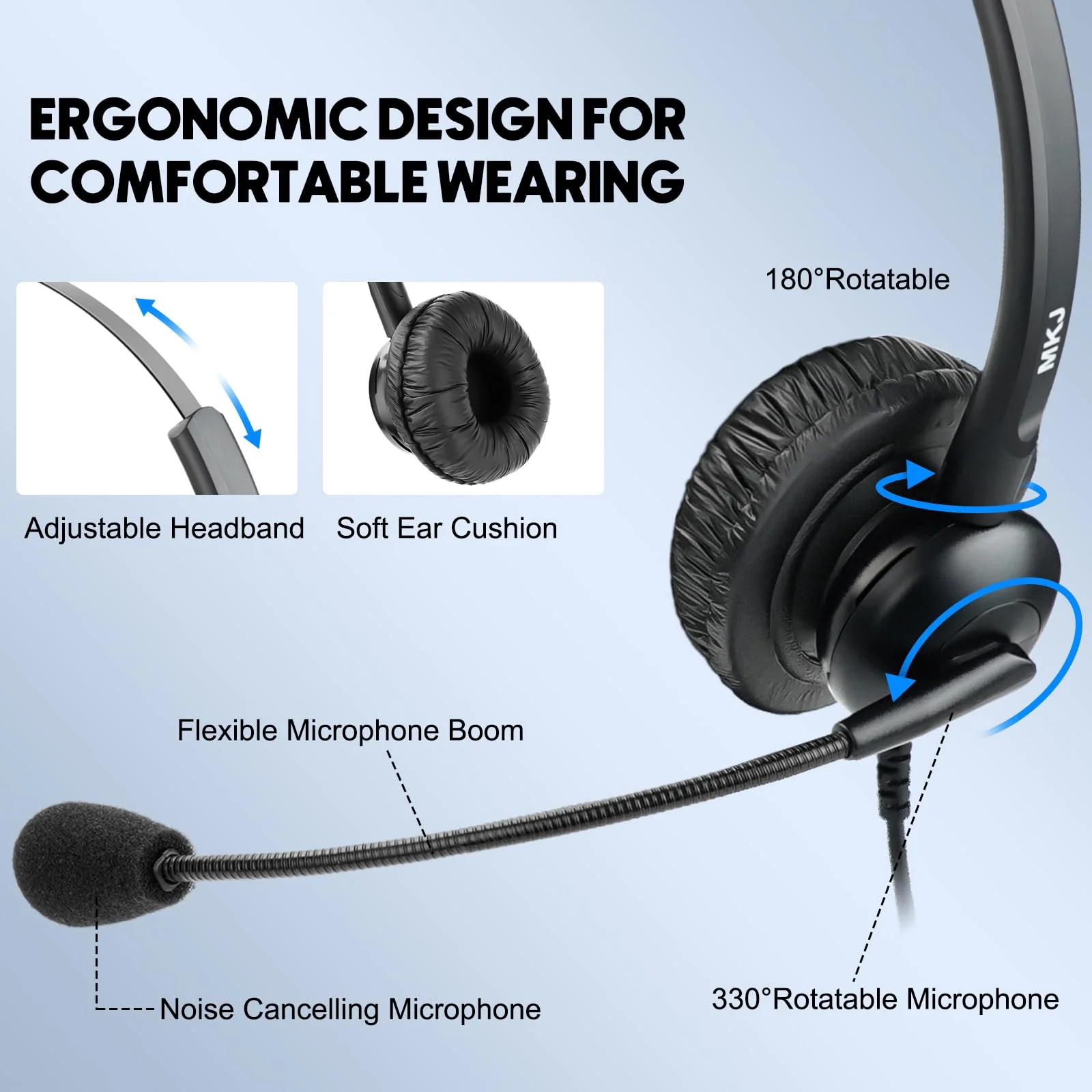 MKJ Cisco Headset Noise Canceling Wired Headphones with Microphone Corded RJ9 Telephone Headset for Cisco Office Phones CP-7821 7940 7942G 7945G 7961G 7962G 7965G 7971G 7975G 8865 9951 Basic Mono Headset - Image 3