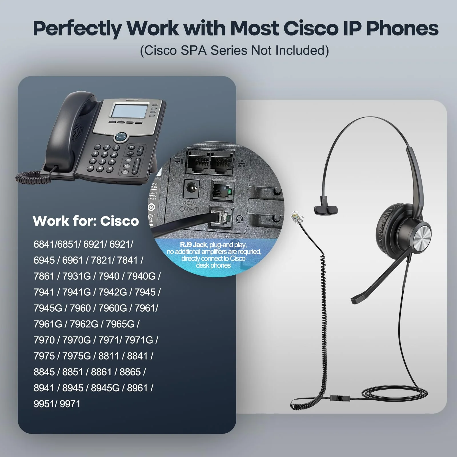 MKJ Cisco Phone Headset Corded RJ9 Telephone Headset with Noise Cancelling Microphone for Cisco CP-7821 7841 7942G 7931G 7940 7941G 7945G 7960 7961G 7962G 7965G 7975G 8811 8841 8861 9951 9971 - Image 6