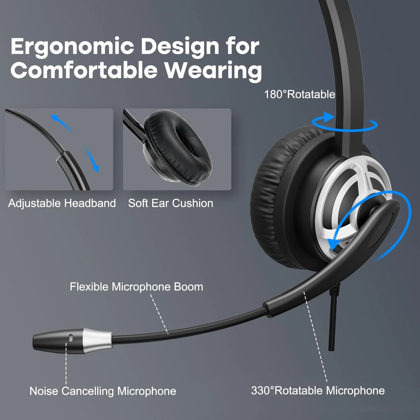 MKJ USB Headset with Microphone Noise Cancelling - Computer Headphones with Mic for PC, Laptop, Mac - Call Center Headset for Zoom, Ms Teams, Business, Office - Wired VoIP USB-A Headset for Softphone - Image 4