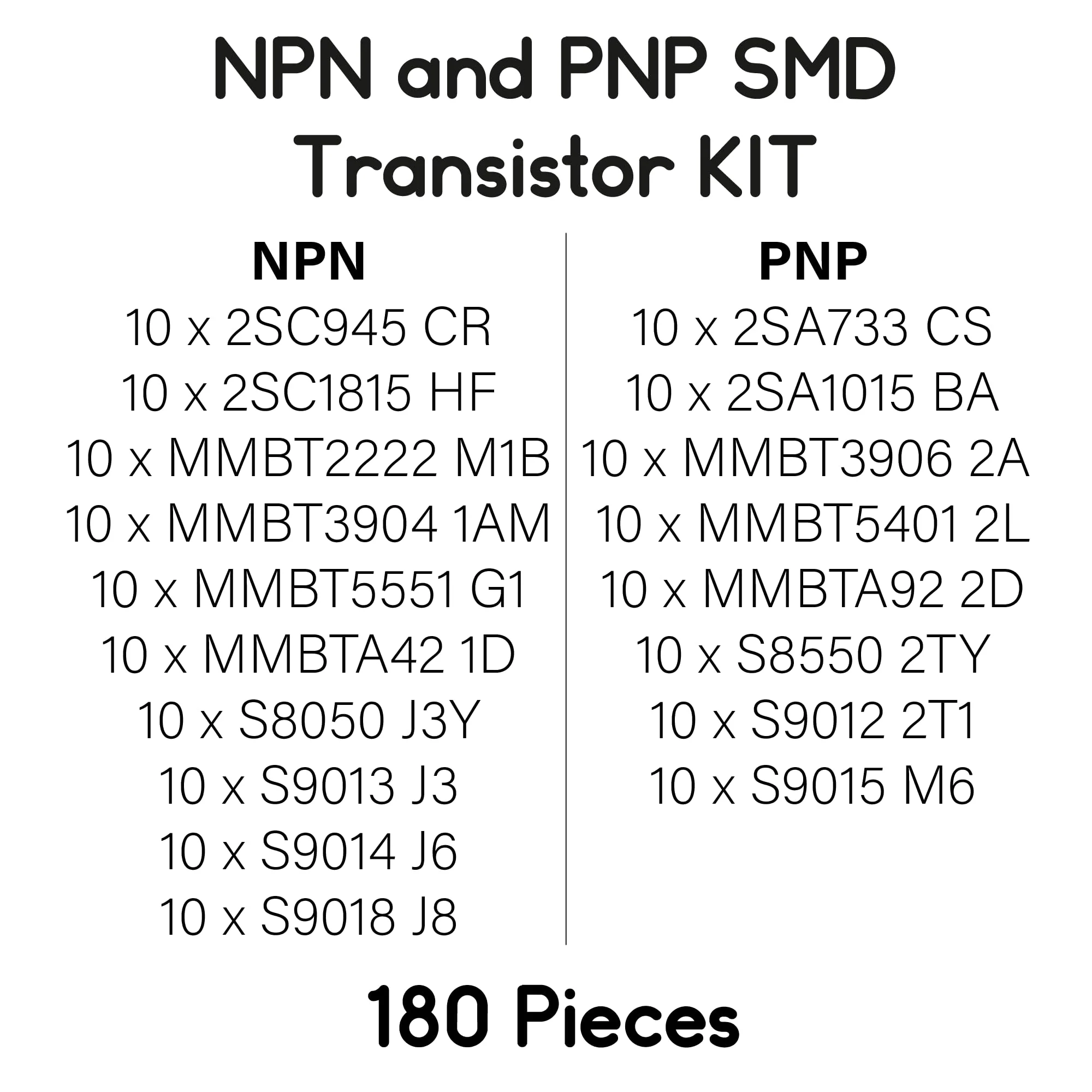 MMMO 180 transistors NPN and PNP SMD SOT23 2SA733 2SA1015 2SC945 2SC1815 MMBT2222 MMBT3904 MMBT3906 MMBT5401 MMBT5551 MMBTA42 MMBTA42 MMBTATA42 MMBTATA. 42 92 S8 050 S8550 S9012 S9013 S9014 S9015 - Image 2