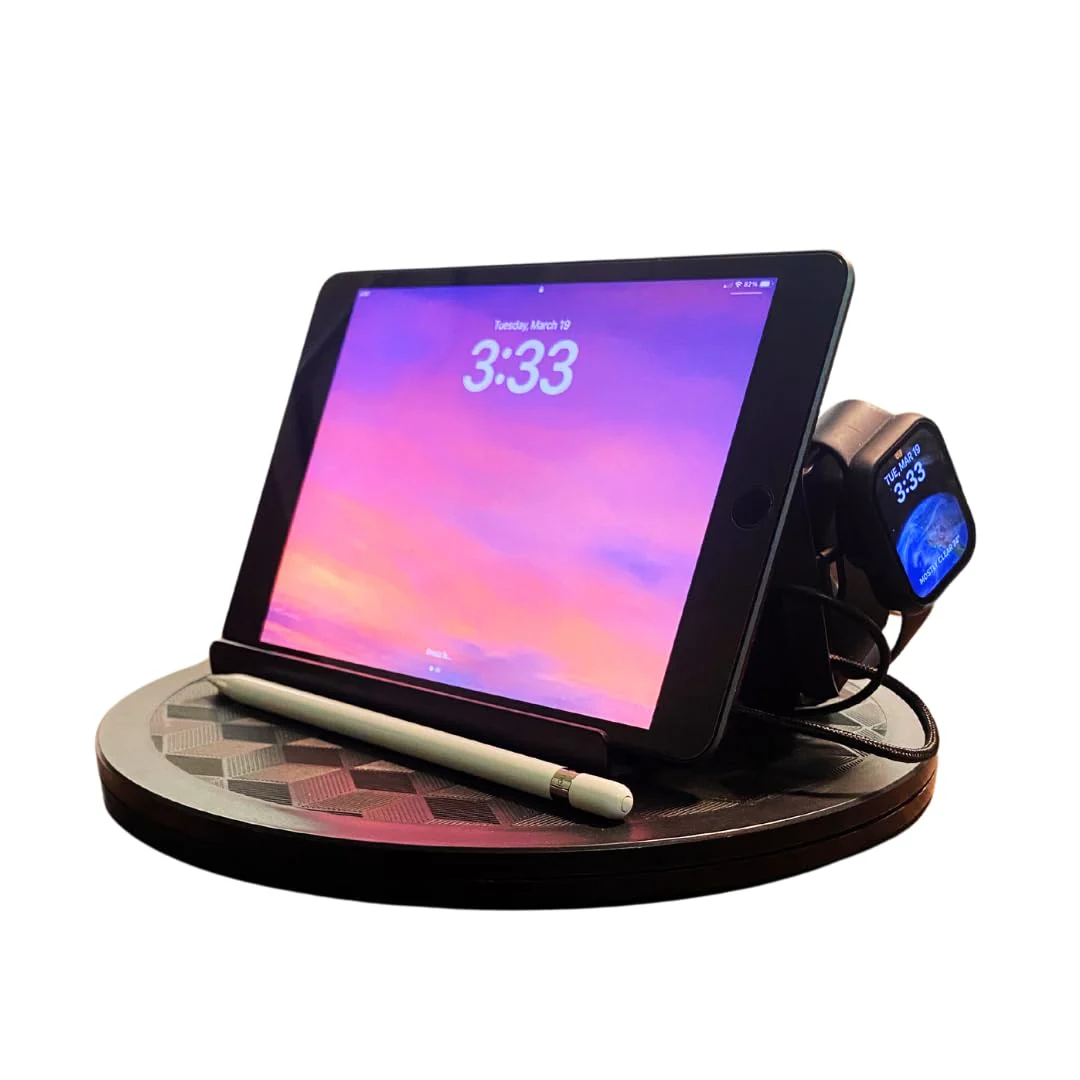 Mobile Cell Phone and Tablet Stand Holder with Audio Enhancement, Dual Docking, Non-Slip Base Pads. Mounts on Desk, Kitchen Counter, Nightstand or Bed. Buy The Stand Get The Turntable Free! - Image 4