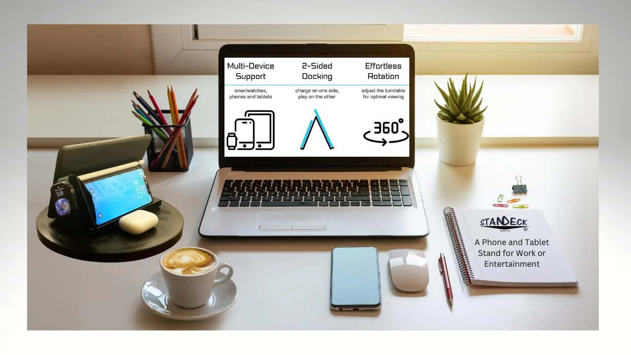 Mobile Cell Phone and Tablet Stand Holder with Audio Enhancement, Dual Docking, Non-Slip Base Pads. Mounts on Desk, Kitchen Counter, Nightstand or Bed. Buy The Stand Get The Turntable Free! - Image 7