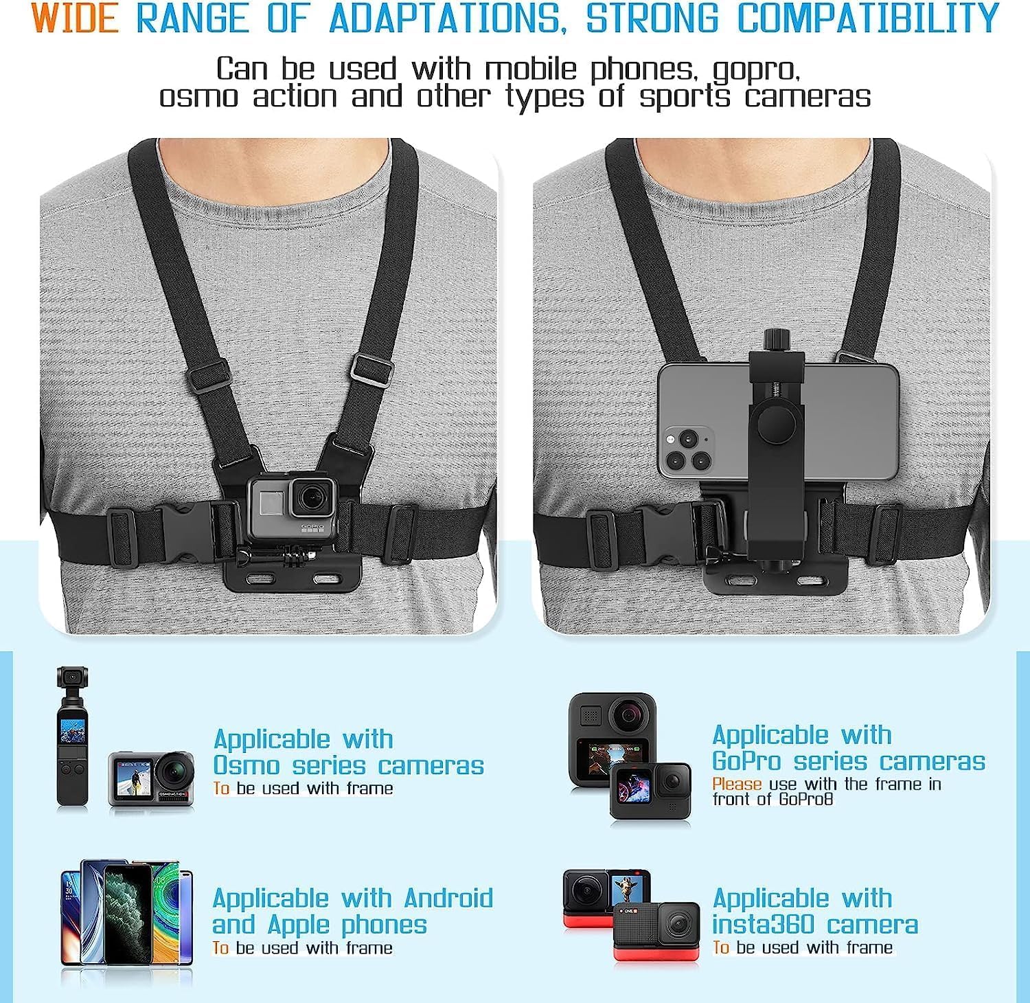 Mobile Phone Chest Mount Harness Strap Cell Phone Holder Mount for Video Recording Bike/Kayak/Fishing/Skateboard POV/VLOG for iPhone/Samsung for GoPro Hero 11 10 9 8/Insta360/DJI Action Camera, Black - Image 2