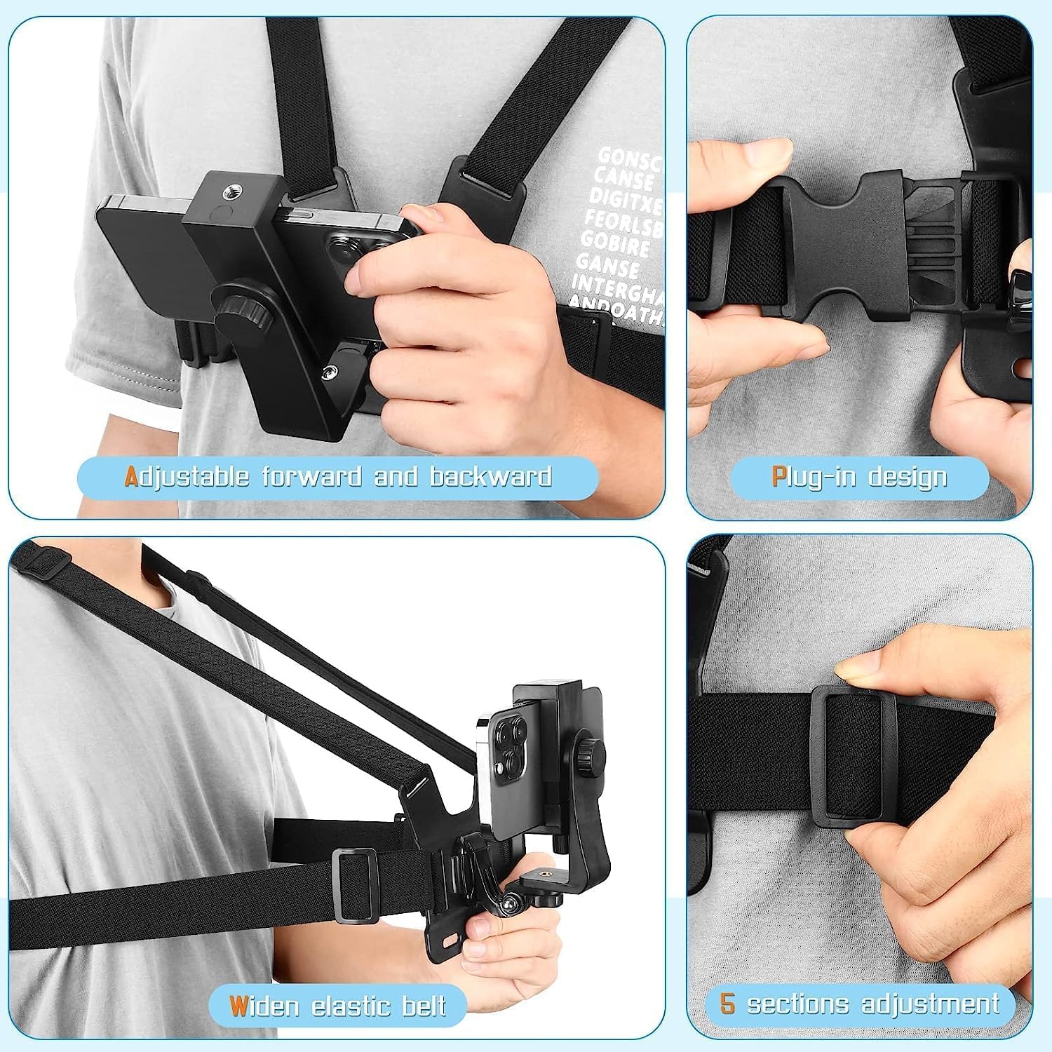 Mobile Phone Chest Mount Harness Strap Cell Phone Holder Mount for Video Recording Bike/Kayak/Fishing/Skateboard POV/VLOG for iPhone/Samsung for GoPro Hero 11 10 9 8/Insta360/DJI Action Camera, Black - Image 3