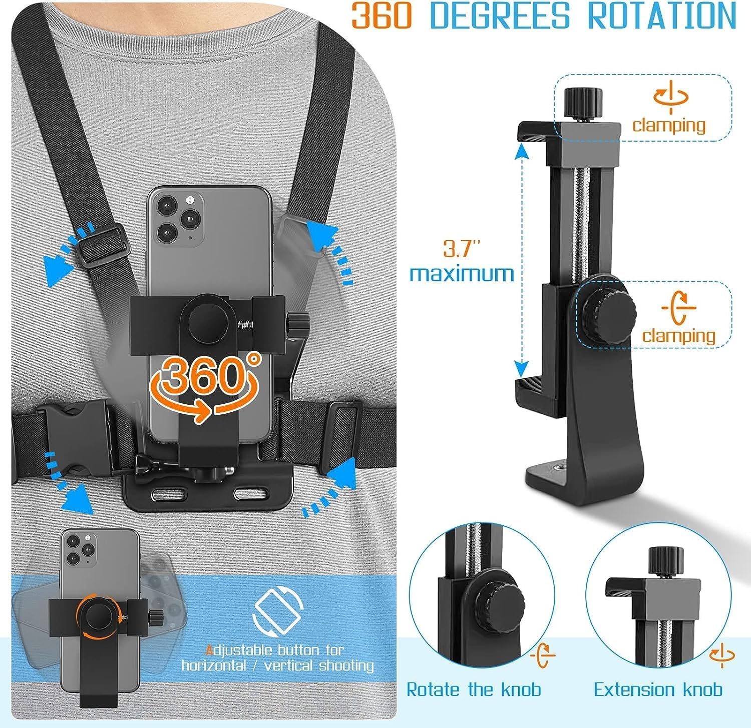 Mobile Phone Chest Mount Harness Strap Cell Phone Holder Mount for Video Recording Bike/Kayak/Fishing/Skateboard POV/VLOG for iPhone/Samsung for GoPro Hero 11 10 9 8/Insta360/DJI Action Camera, Black - Image 5