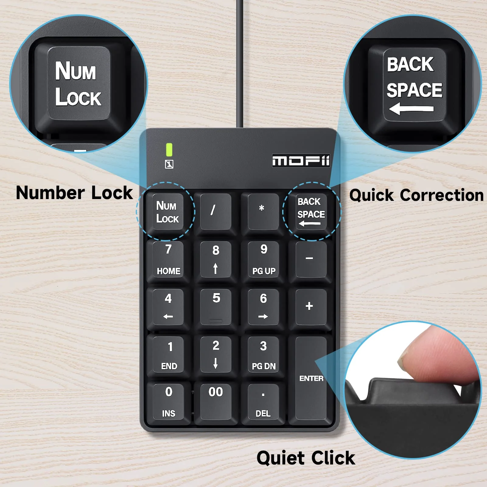 MOFII Wired Number Pad Numeric Keypad Silent 19 Keys USB Numpad, Portable Financial Accounting Keyboard 10 Key for Laptop/Computer/PC/Notebook/Surface Pro - Black Wired Black kaypad - Image 5