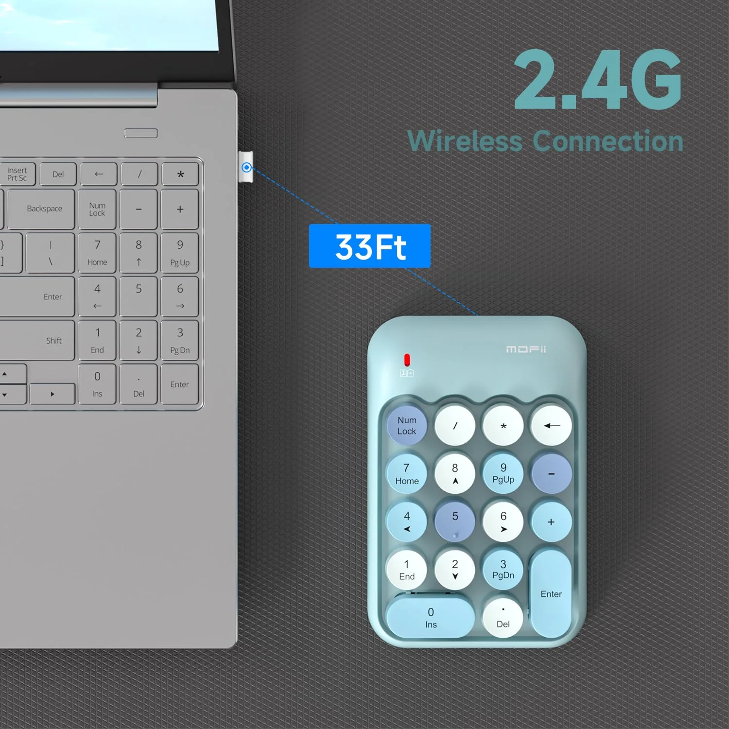 MOFII Wireless Number Pads - Blue Numeric Keypad 18 Keys USB 2.4G Round Keycap Colorful Extensions Keypads, Financial Accounting Portable Numpad 10 Key for Laptop/PC/Notebook/Surface Pro - Image 5