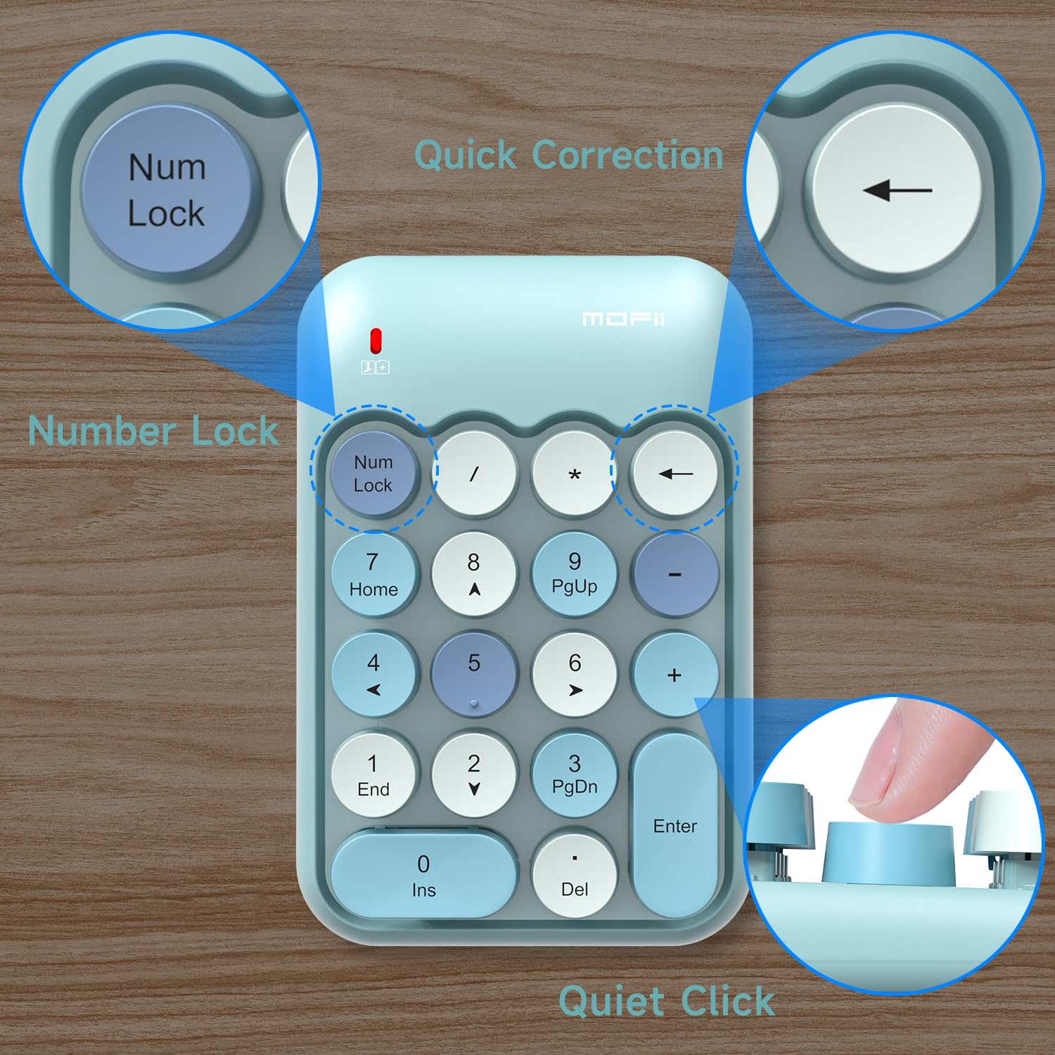 MOFII Wireless Number Pads - Blue Numeric Keypad 18 Keys USB 2.4G Round Keycap Colorful Extensions Keypads, Financial Accounting Portable Numpad 10 Key for Laptop/PC/Notebook/Surface Pro - Image 6