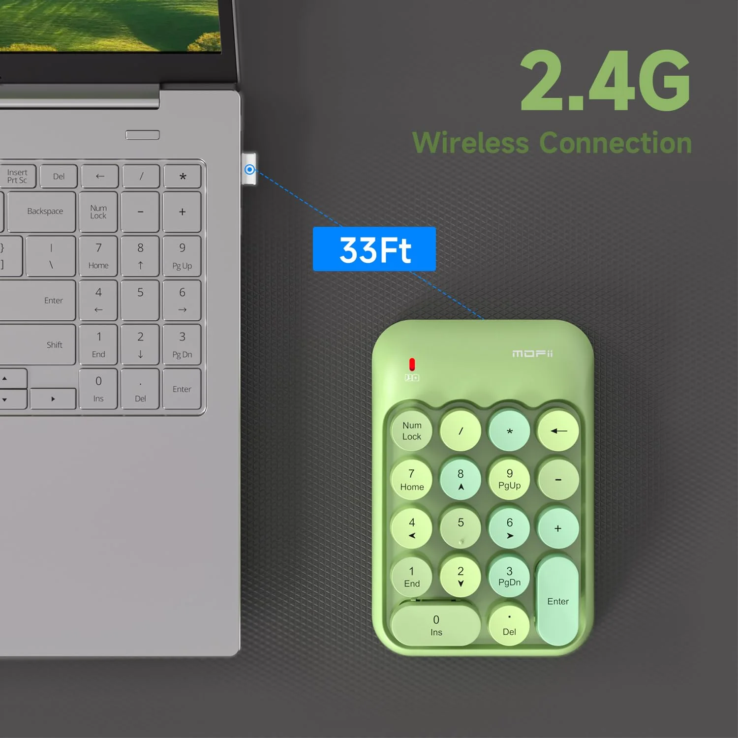 MOFII Wireless Number Pads - Green Numeric Keypad 18 Keys USB 2.4G Round Keycap Colorful Extensions Keypads, Financial Accounting Portable Numpad 10 Key for Laptop/PC/Notebook/Surface Pro - Image 5